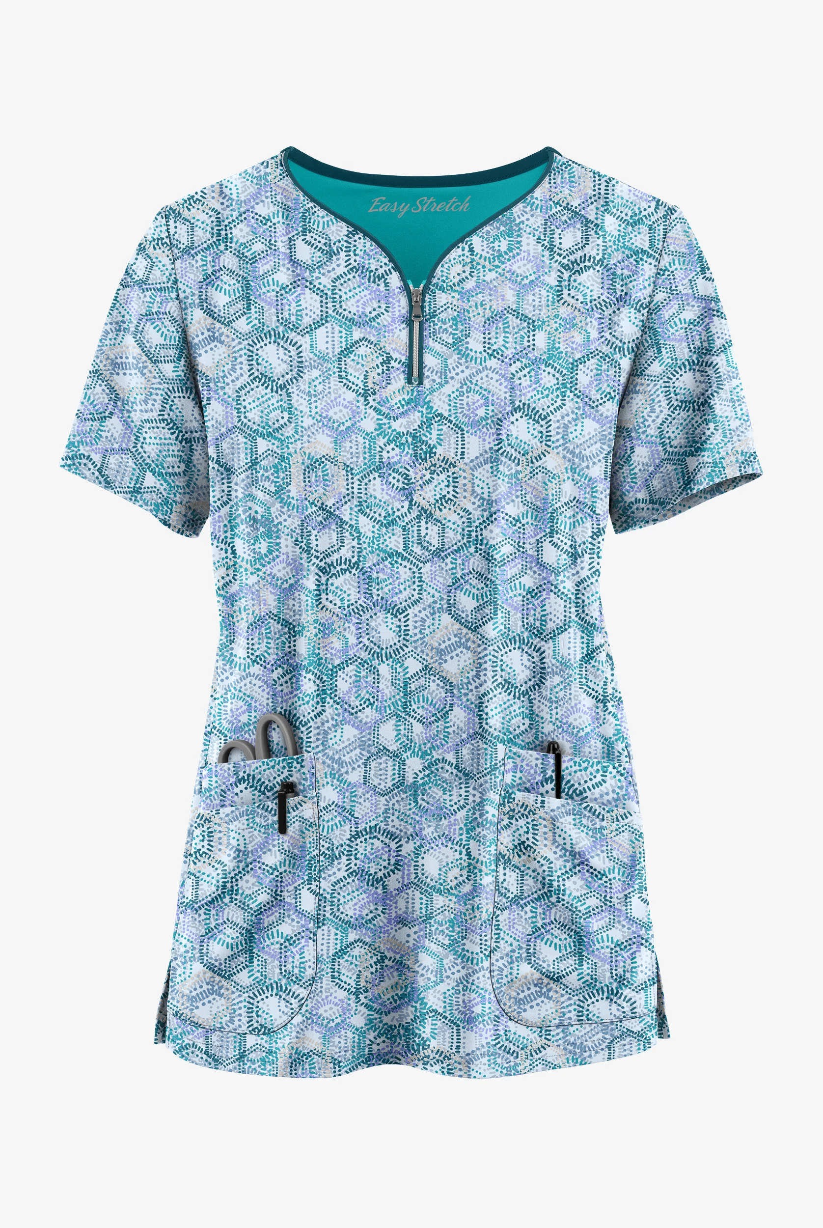 Easy STRETCH Dotted Geo Caribbean Blue Women's 4-Pocket Zip Neck Print Scrub Top