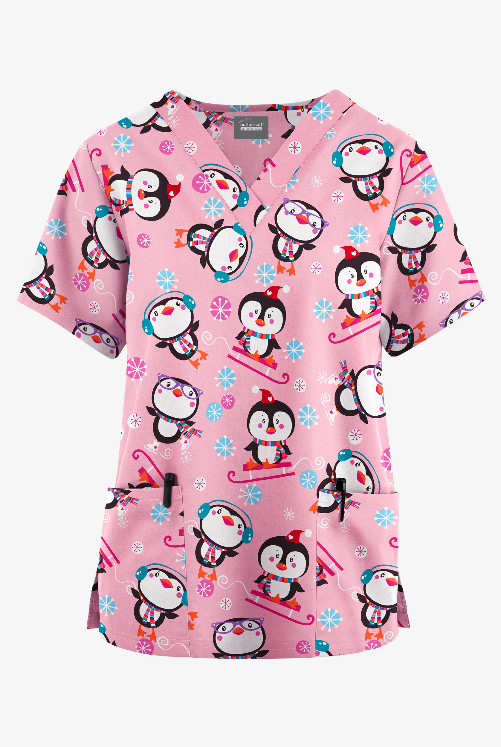 Butter-Soft Originals Penguin Playland Blush Women's 2-Pocket Classic Fit V-Neck Print Scrub Top