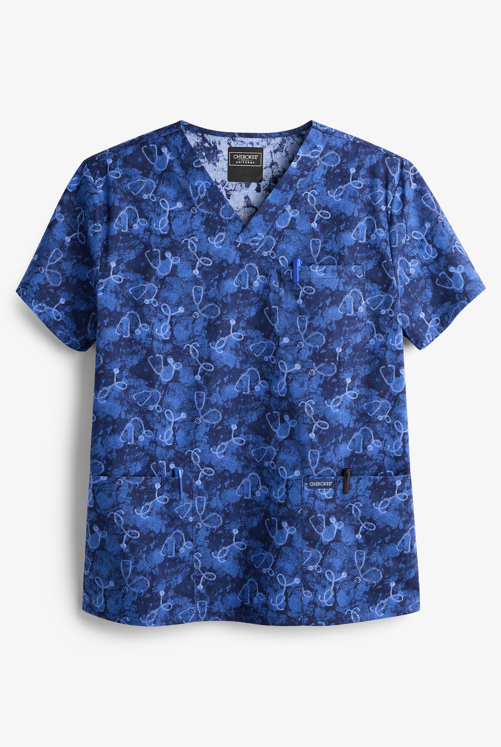Cherokee Shibori Stethoscopes Unisex 3-Pocket STRETCH V-Neck Print Scrub Top