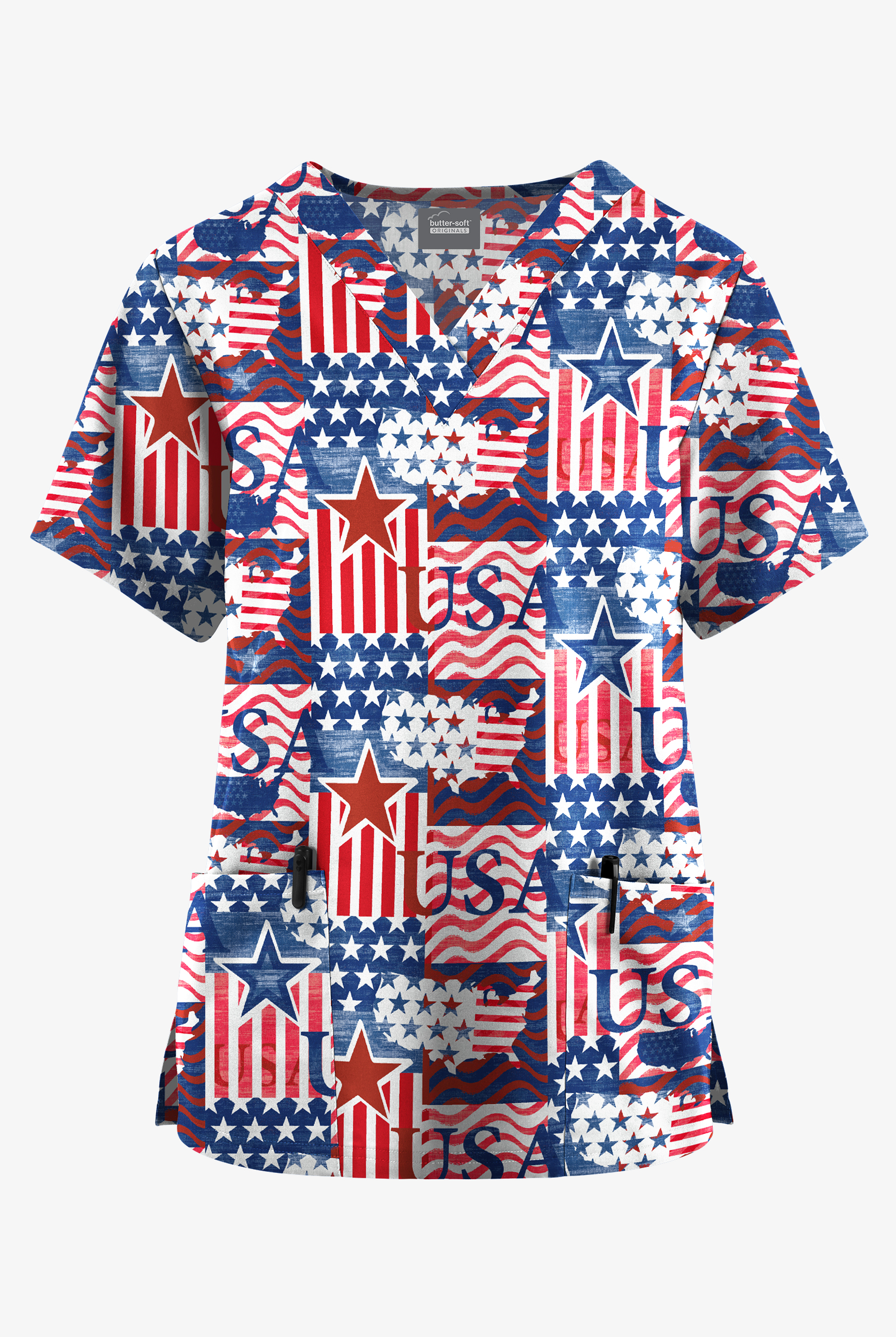 Butter-Soft Originals Happy Fourth Navy Women's 2-Pocket Classic Fit V-Neck Print Scrub Top