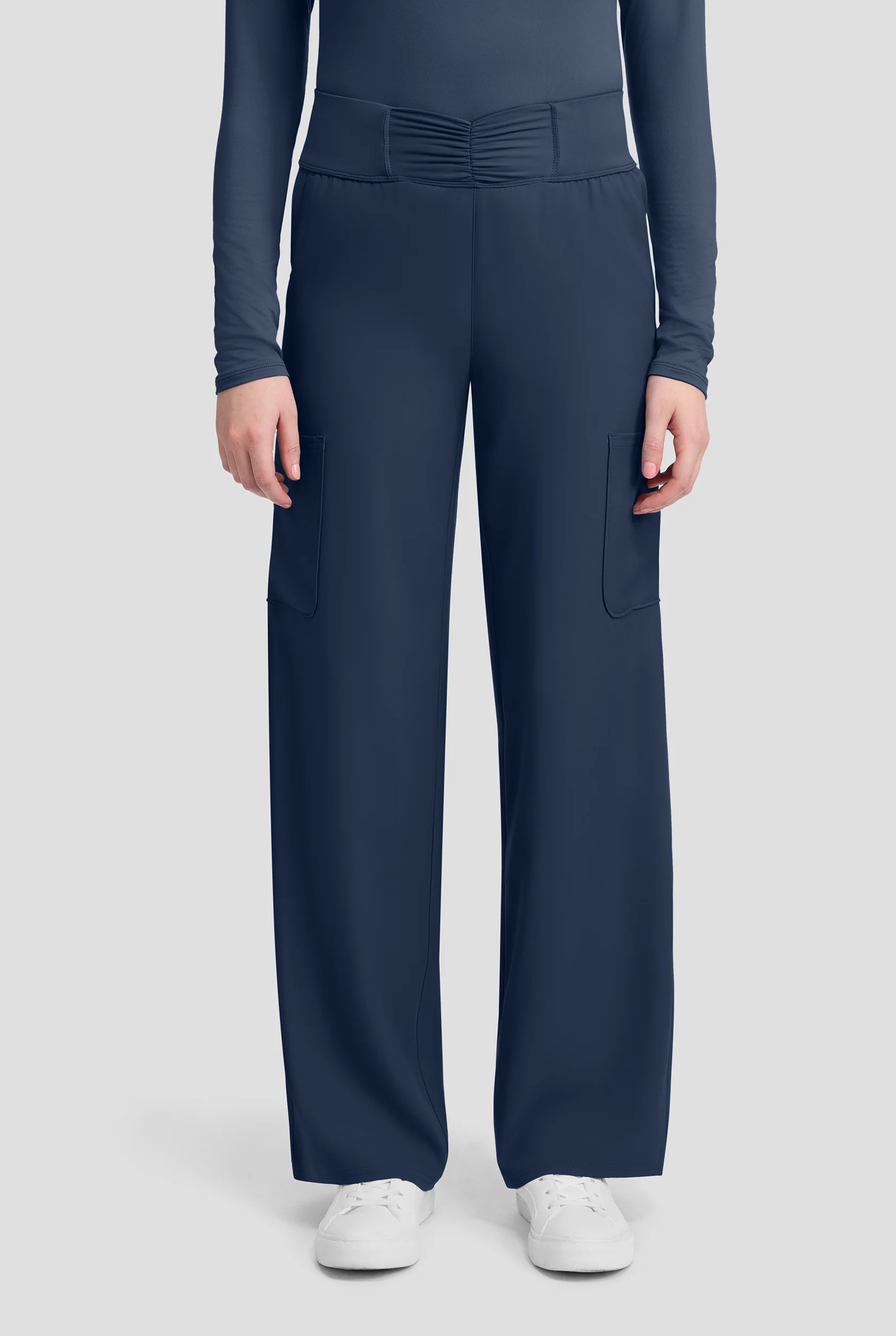 Med Couture Insight Women's 5-Pocket Ruched High Waisted Wide Leg Cargo Scrub Pant - Petite