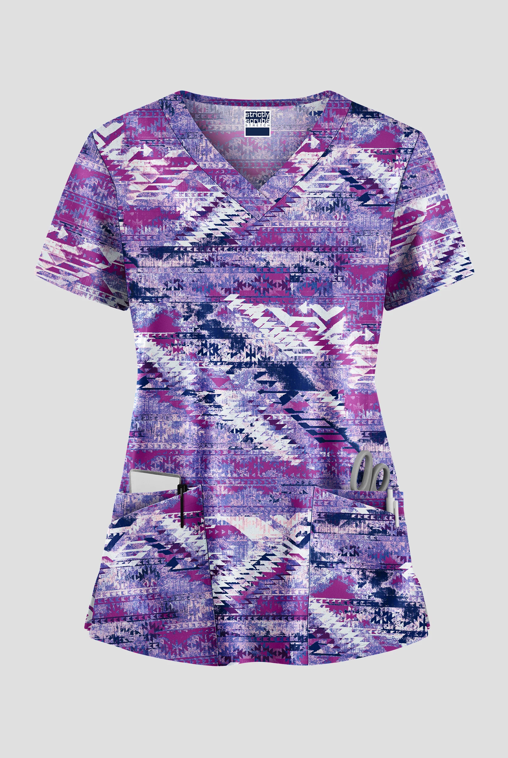 Blusa médica estampada Strictly Scrubs STRETCH Sante Fe Modern Orchid con cuello en V redondeado y 4 bolsillos para mujer