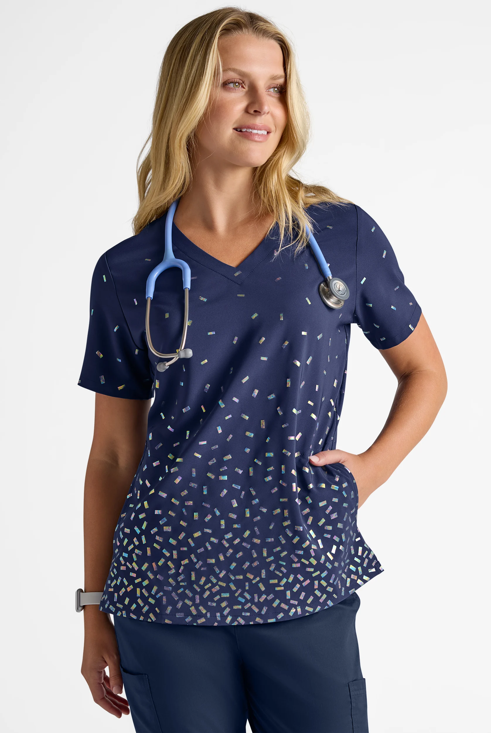 Butter-Soft STRETCH Funfetti Navy Women's V-Neck Print Scrub Top