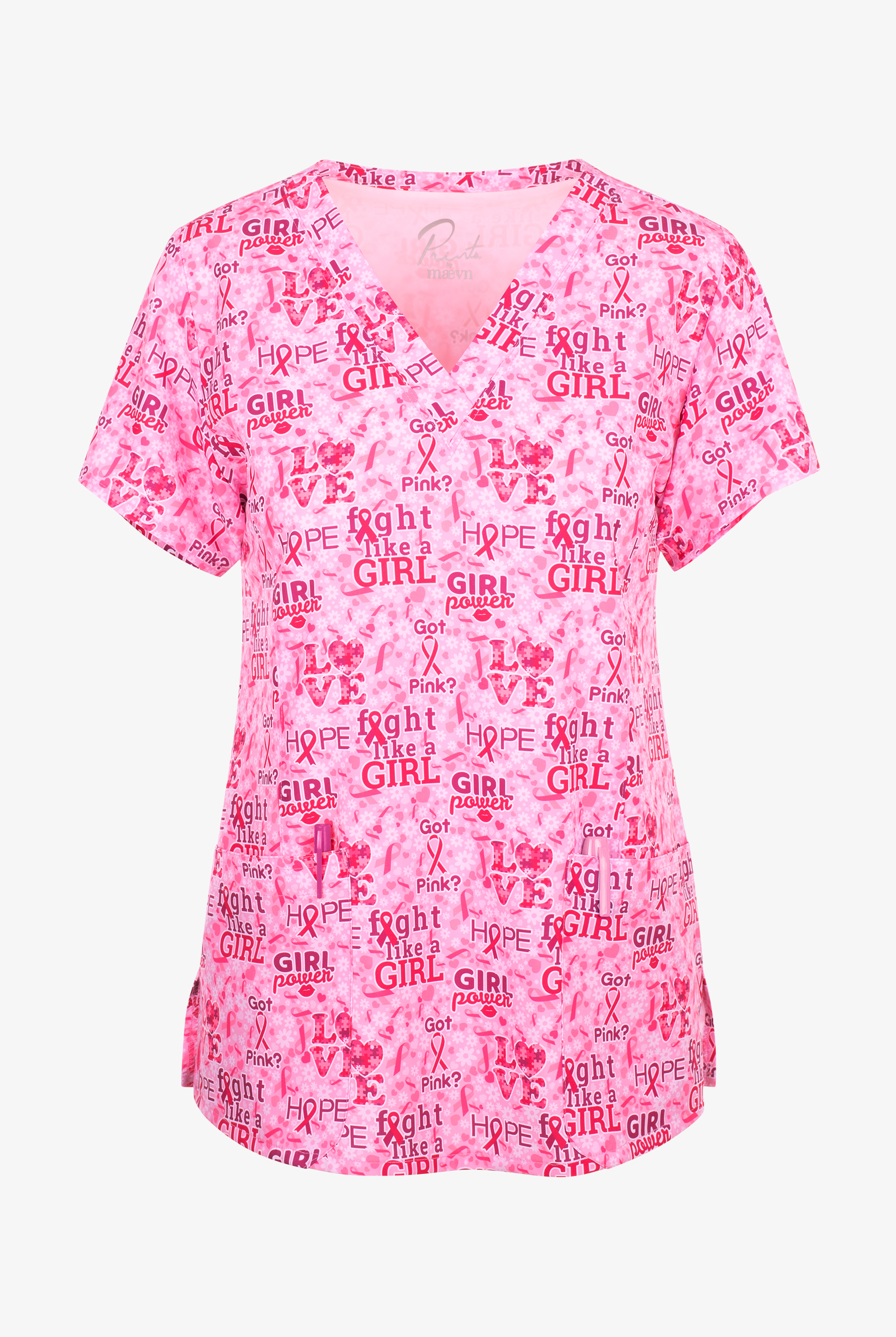 Maevn Girls Rule Awareness Women's 3-Pocket STRETCH V-Neck Print Scrub Top