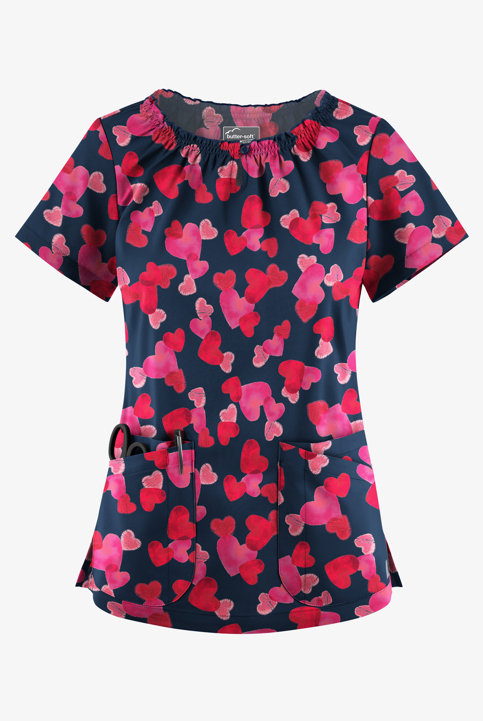 Butter-Soft STRETCH Forever Love Navy Women's 6-Pocket Peasant Style Print Scrub Top