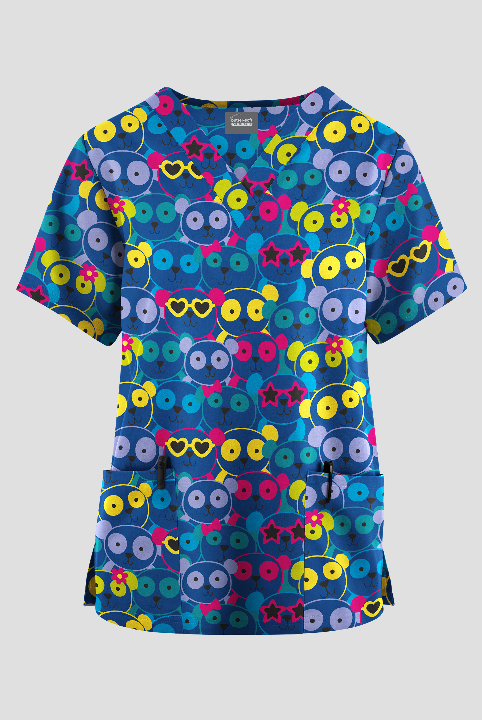 Butter-Soft Originals Panda Selfie Royal Women's 2-Pocket V-Neck Print Scrub Top
