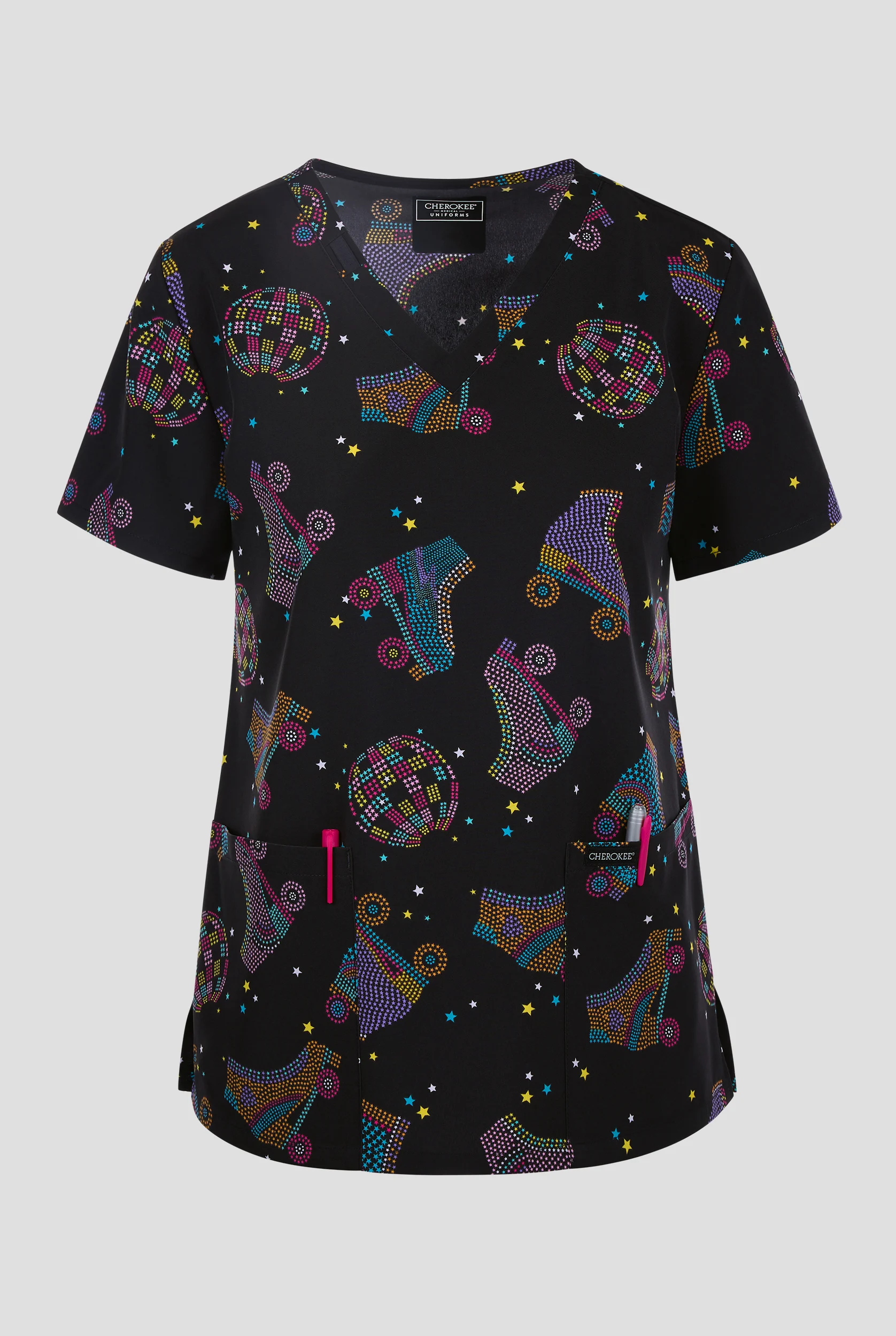 Cherokee Roller Disco Women's 2-Pocket STRETCH V-Neck Print Scrub Top