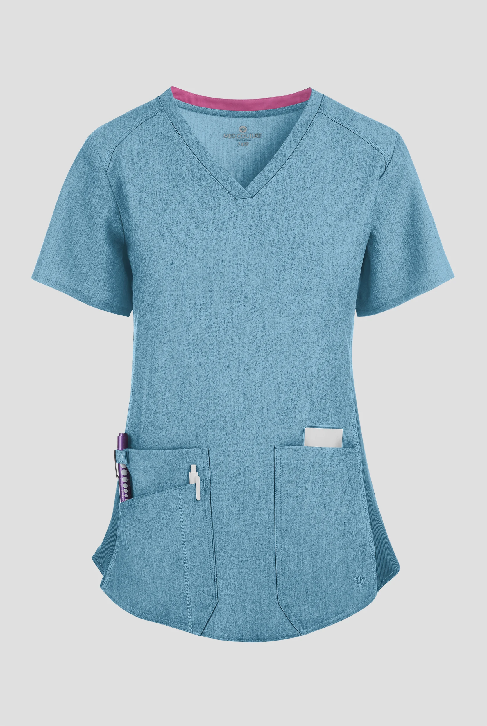 Med Couture Touch Women's 3-Pocket STRETCH Rib-Knit Side Panels Shirttail V-Neck Scrub Top