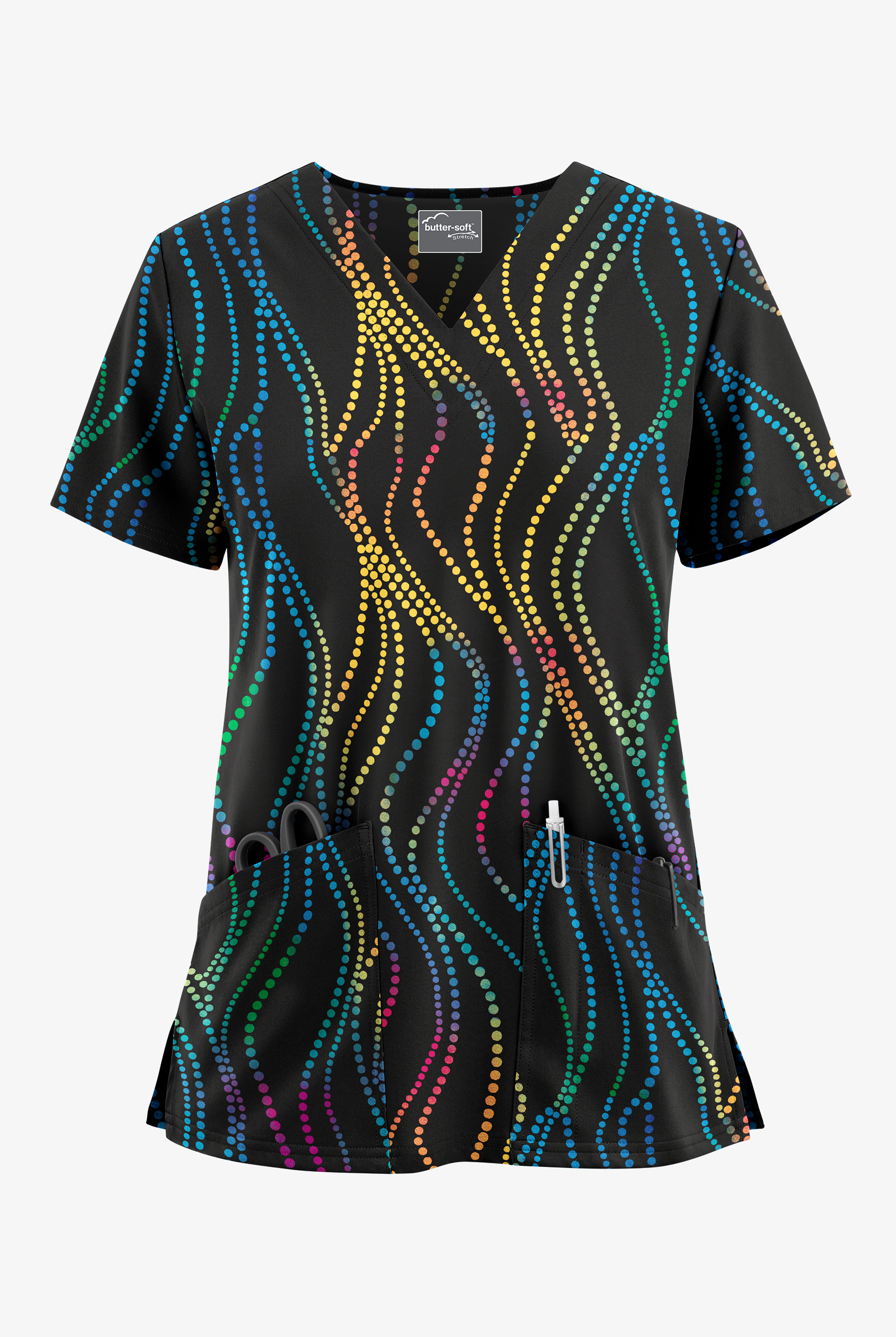 Blusa médica estampada UA Butter-Soft STRETCH Rhythmic Dots Black con cuello en V y 2 bolsillos para mujer