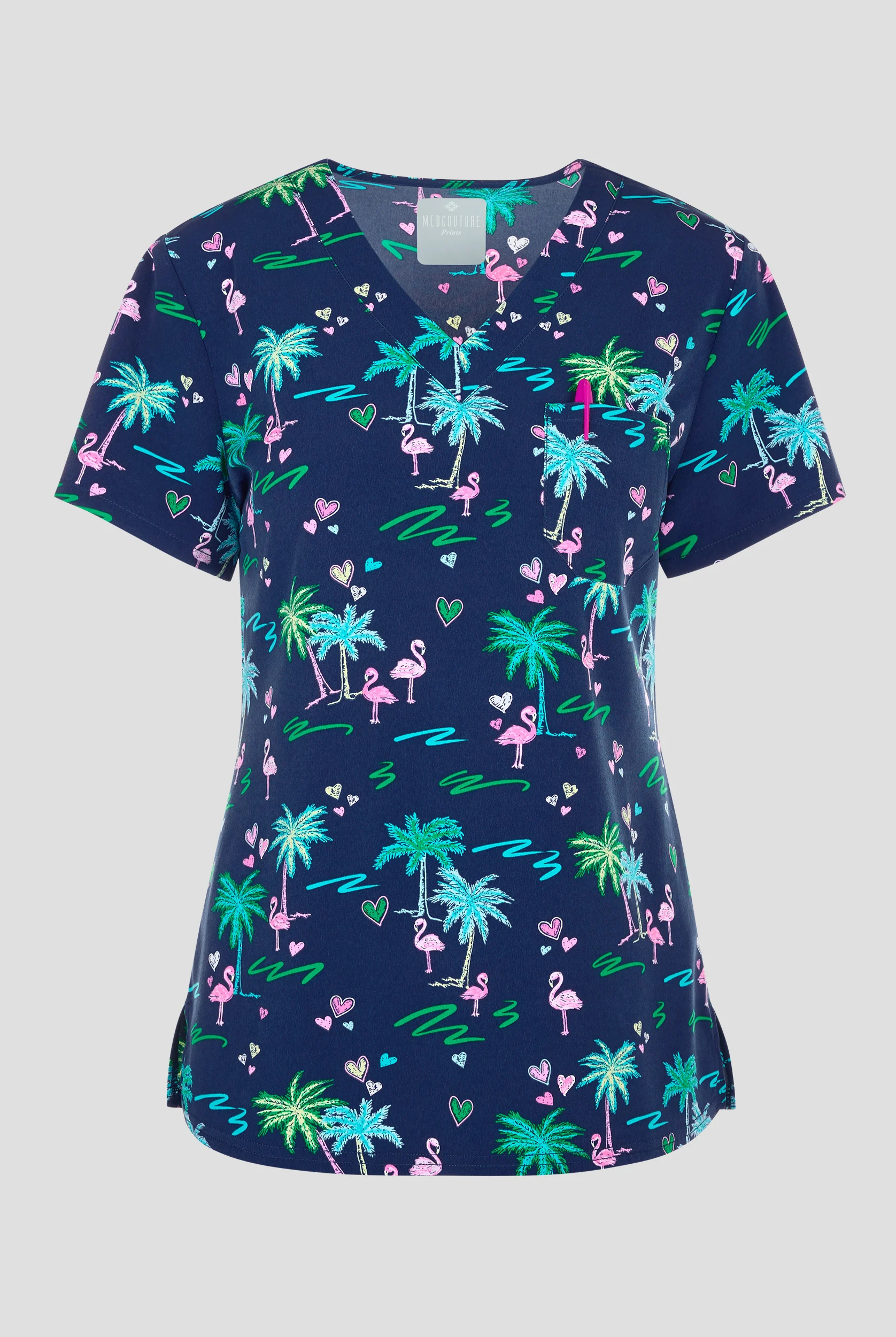 Med Couture Tropic Love Women's 1-Pocket STRETCH Tuck- In V-Neck Print Scrub Top