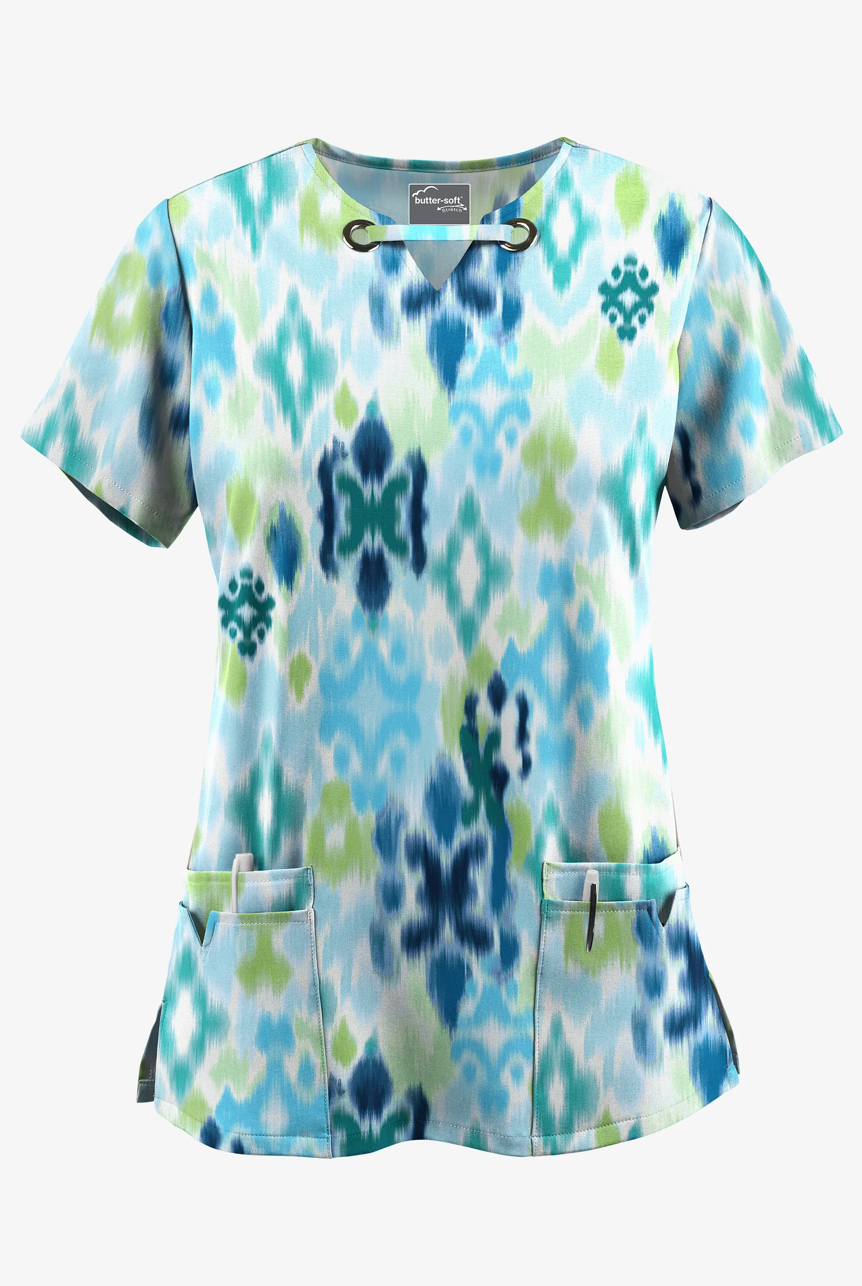 Butter-Soft STRETCH Varna Ikat Turquoise Women's 4-Pocket Grommet Print Scrub Top
