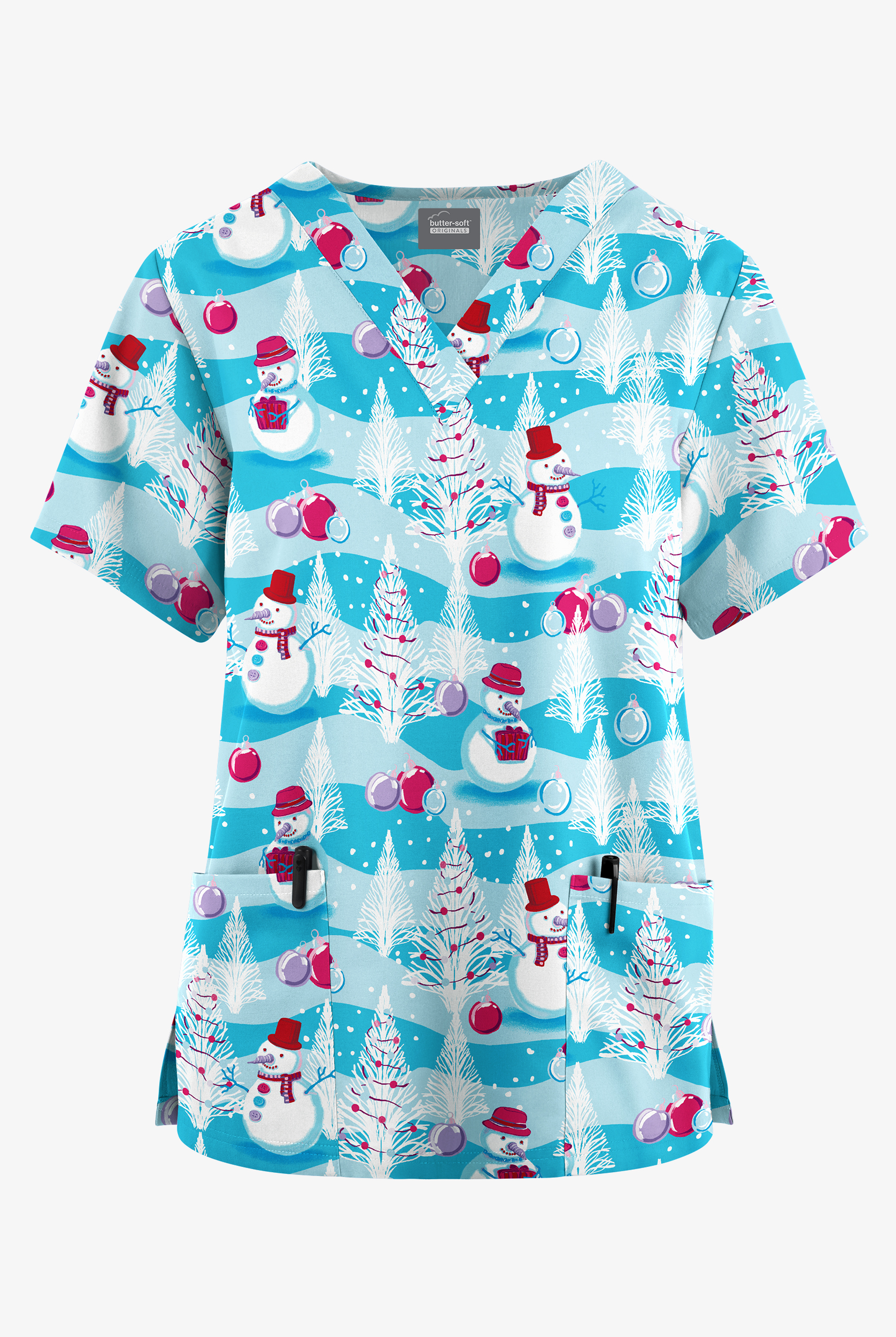 Butter-Soft Originals Frosty Holiday Turquoise Women's 2-Pocket Classic Fit V-Neck Print Scrub Top