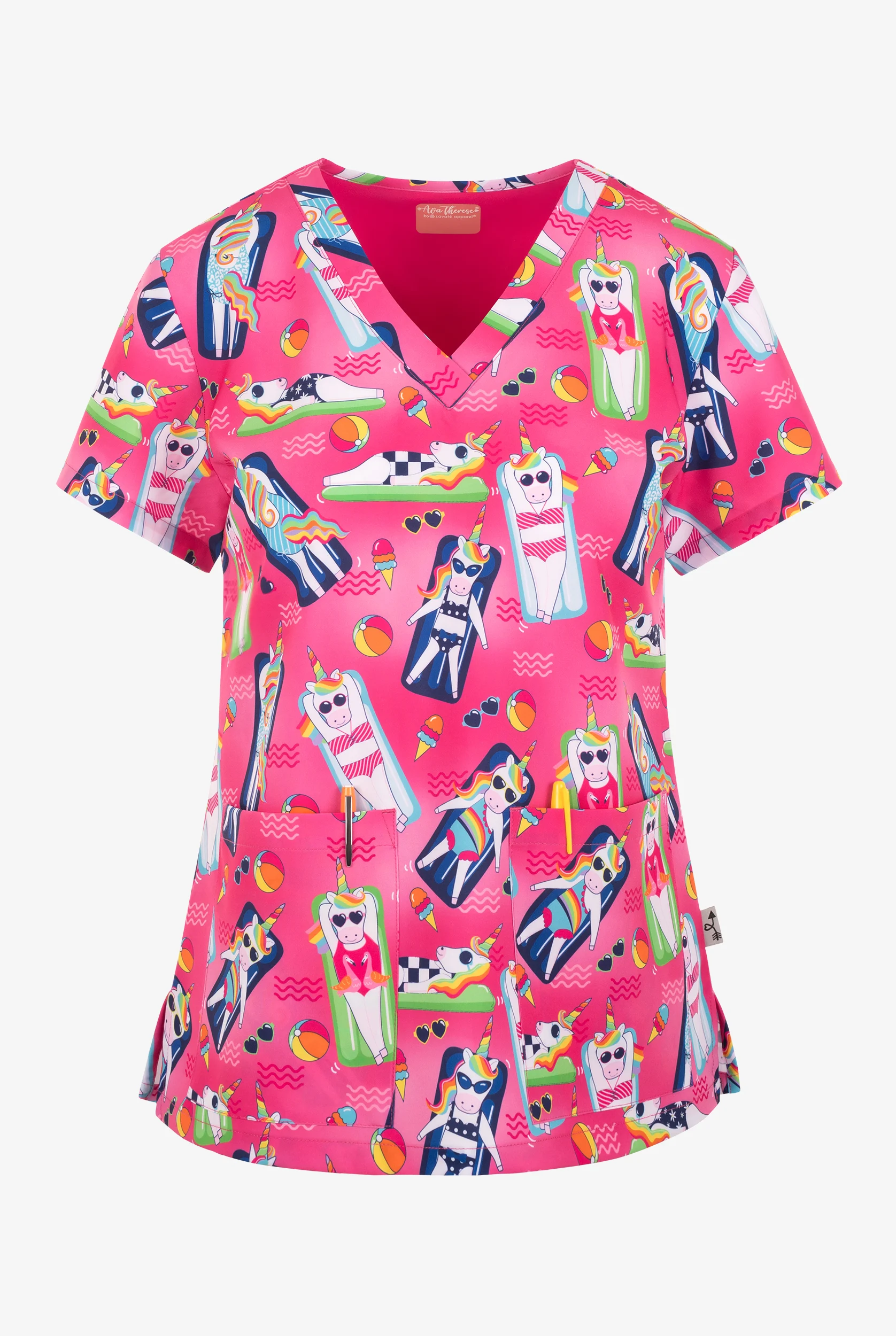 Zavate Ava Therese Poolside Unicorns Women's 2-Pocket STRETCH V-Neck Print Scrub Top