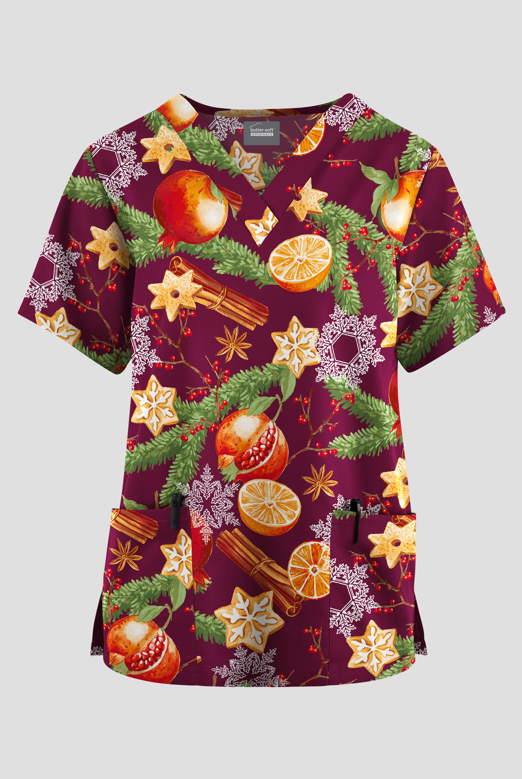 Butter-Soft Originals Christmas Spice Wine Women's 2-Pocket V-Neck Print Scrub Top