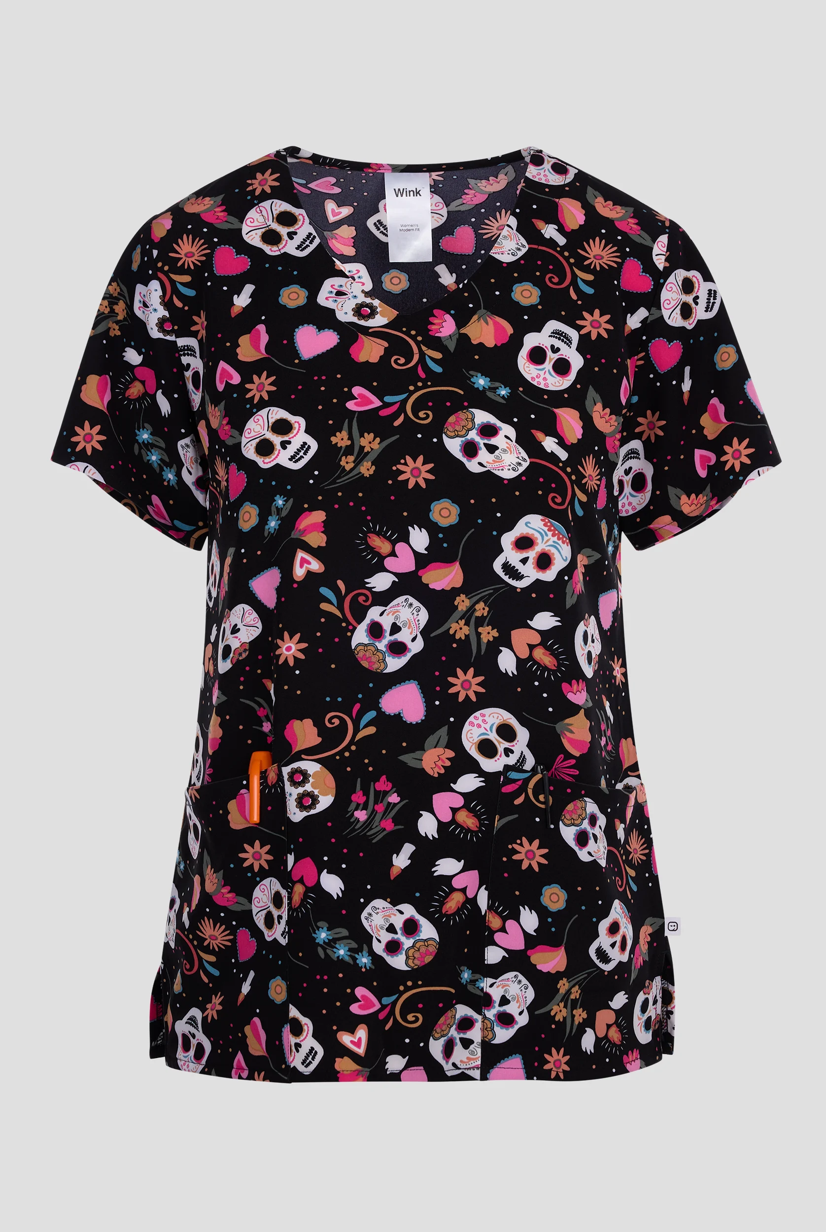 Wink Sugar Skull Fiesta Women's 2-Pocket STRETCH V-Neck Print Scrub Top