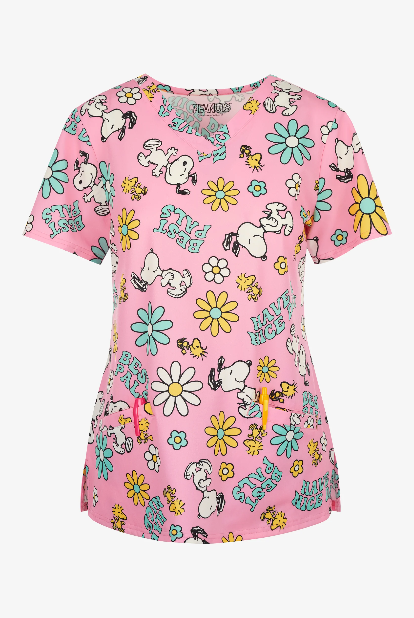 Blusa médica estampada FUNSCRUBS Peanuts Happy Snoopy STRETCH con cuello en V y 2 bolsillos para mujer