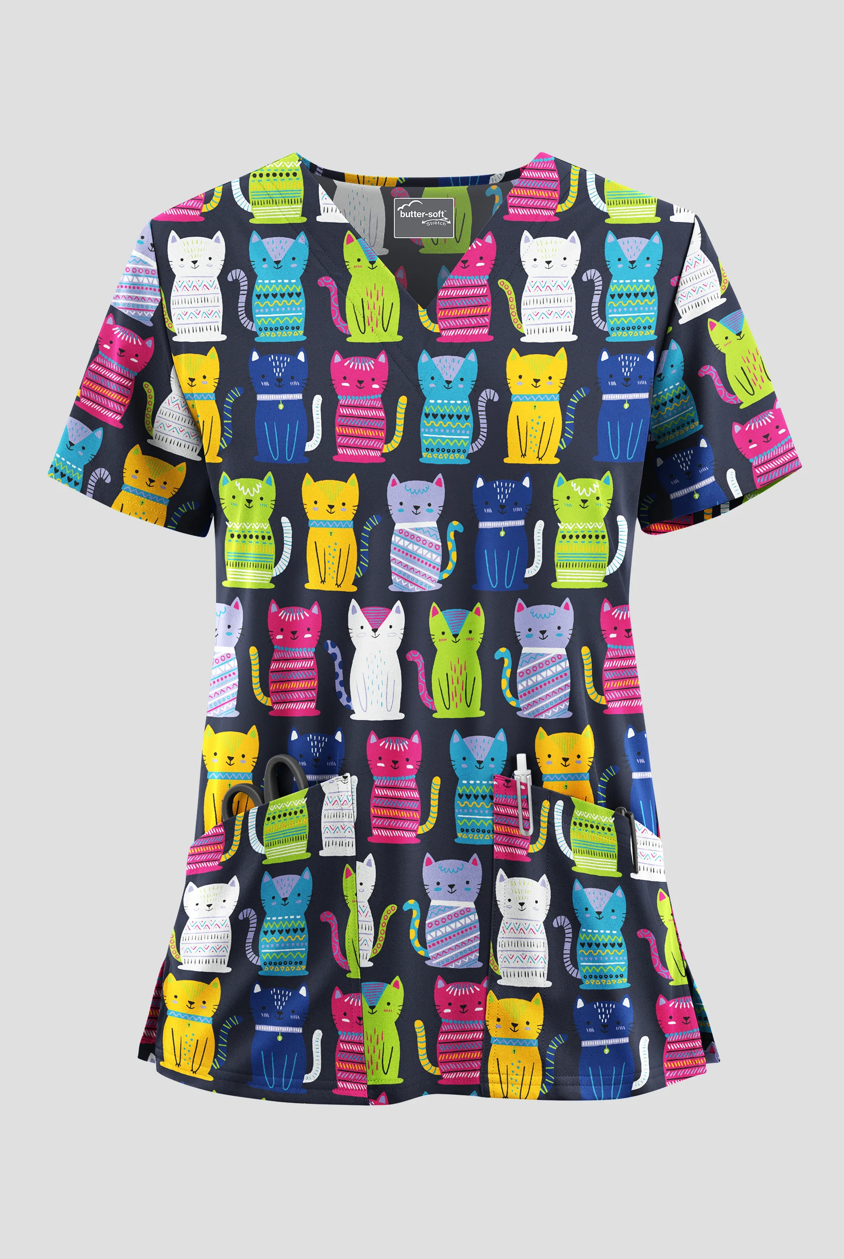 Butter-Soft STRETCH Just Purr-Fect Navy Women's 2-Pocket V-Neck Print Scrub Top