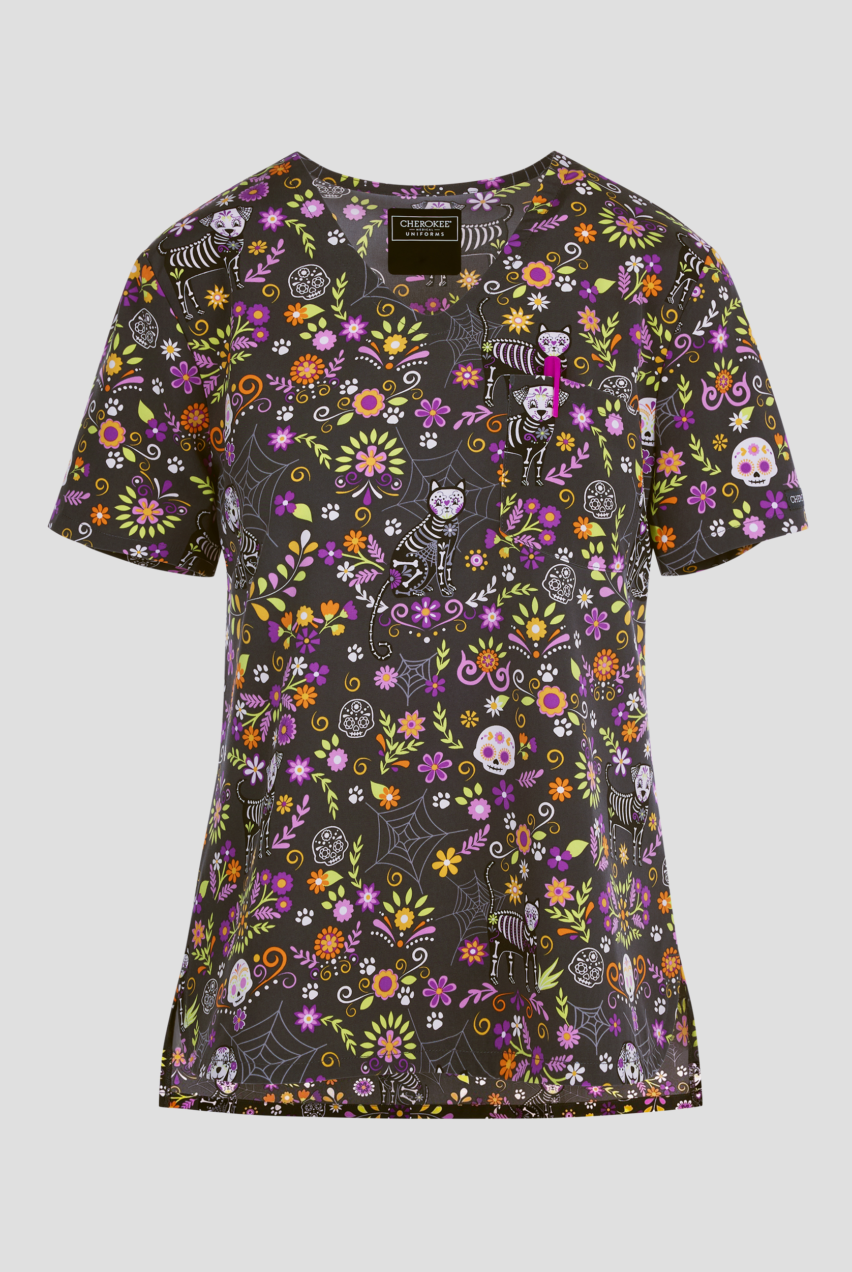 Blusa médica estampada Cherokee Day Of The Pets STRETCH con cuello en V y 2 bolsillos para mujer