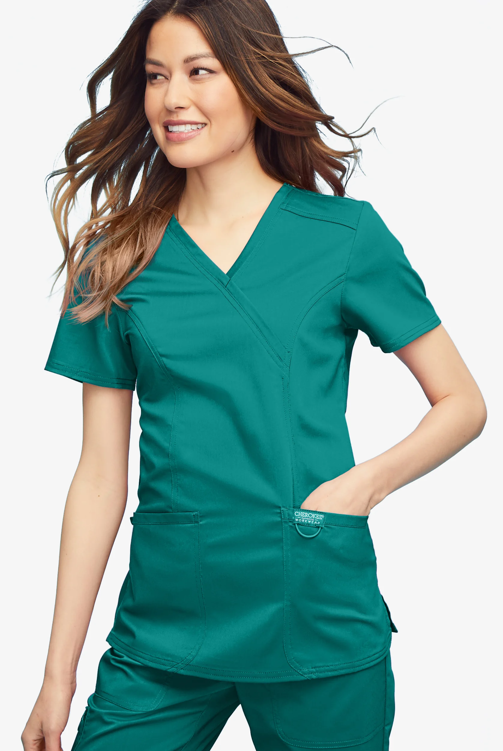 Cherokee Workwear Revolution Women's 2-Pocket STRETCH Mock Wrap Scrub Top