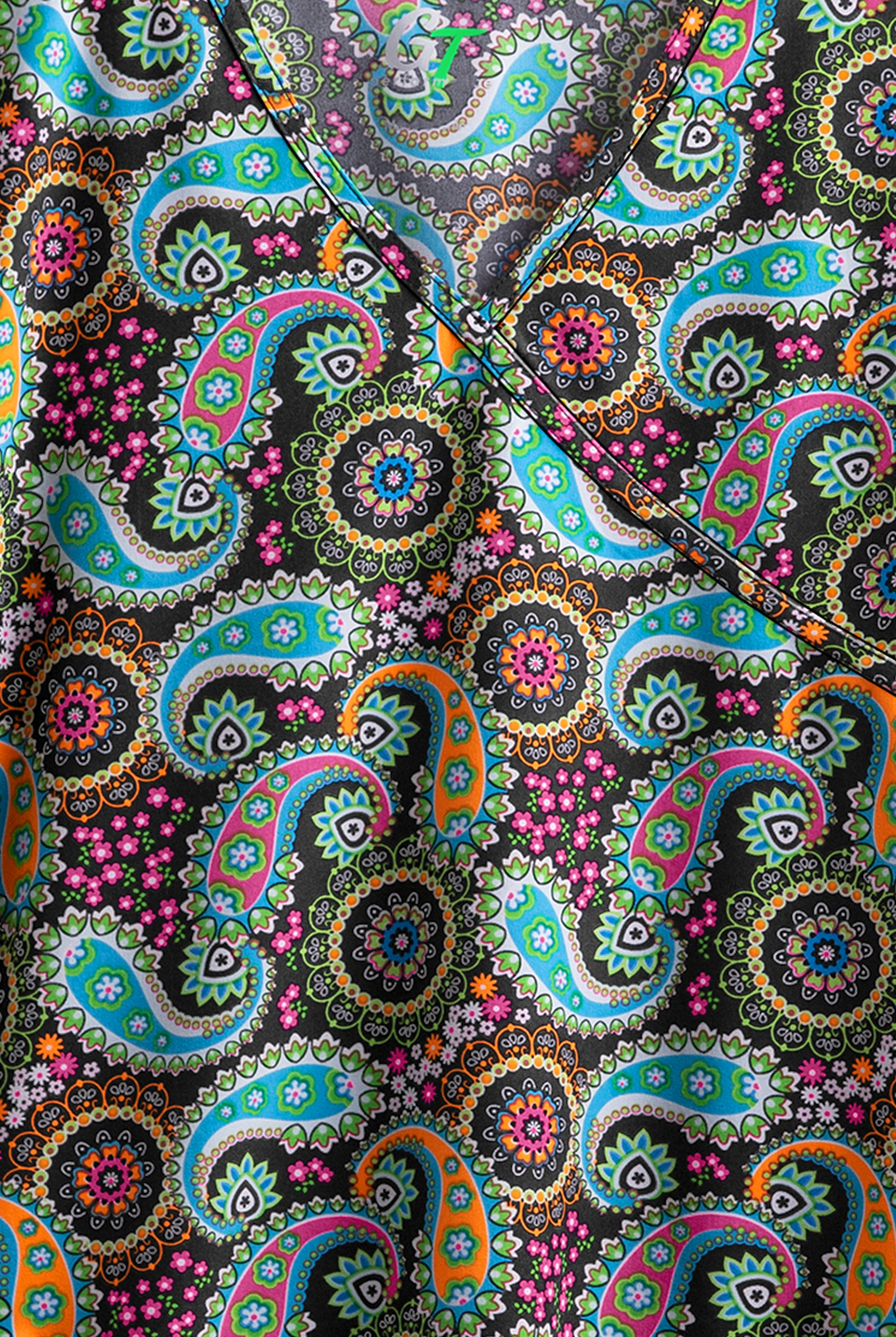 Green Town Ethnic Paisley Women's 3-Pocket Mock Wrap Print Scrub Top