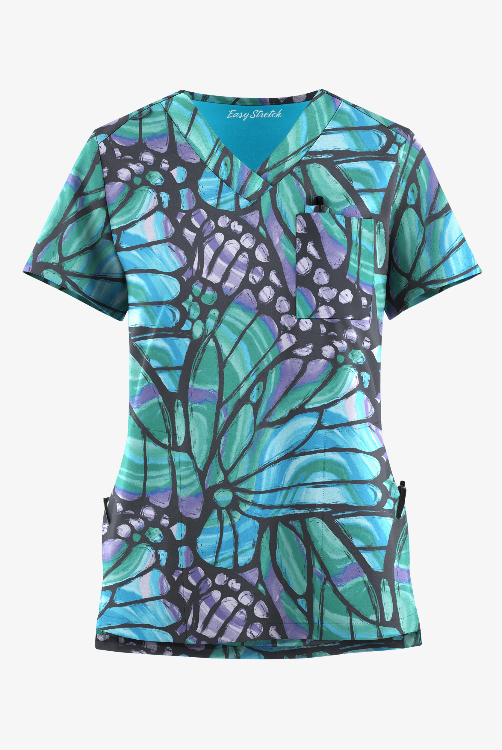 Easy STRETCH Pewter Butterflies Women's 3-Pocket High Low V-Neck Print Scrub Top