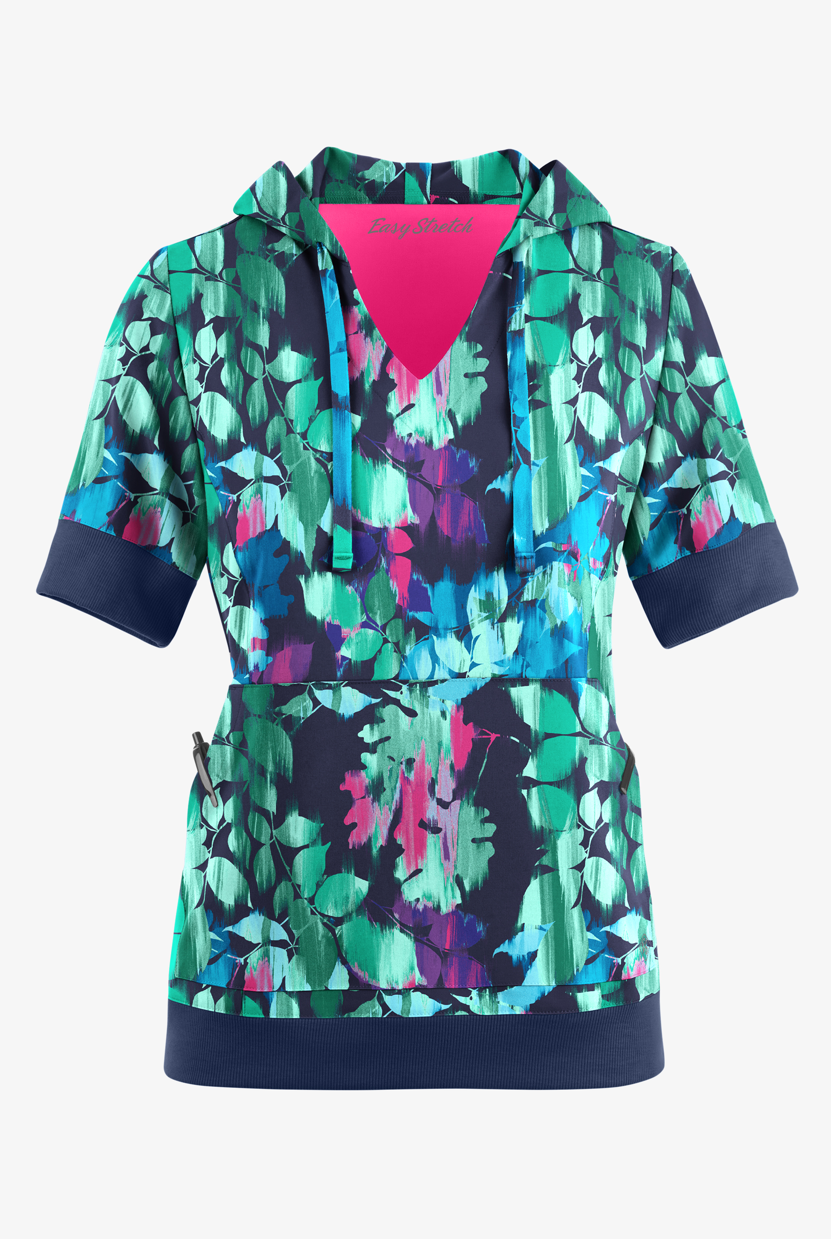 Easy STRETCH Magical Garden Women's 3-Pocket Short Sleeve Pull-Over Hoodie Print Scrub