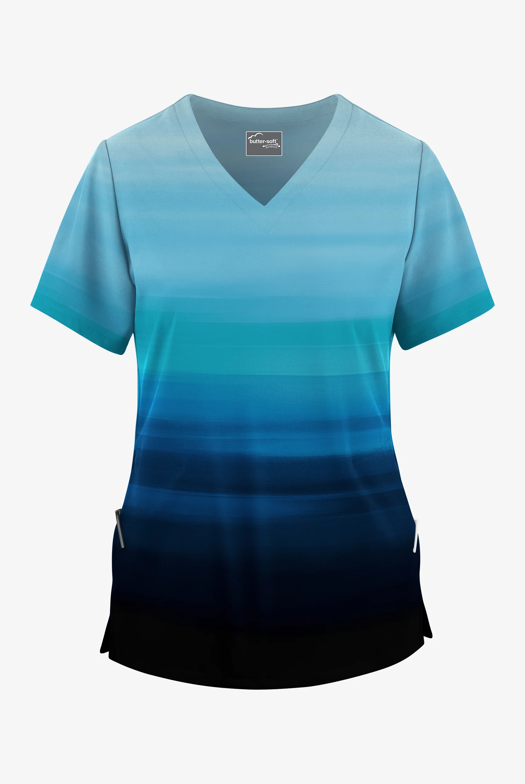 Blusa médica estampada UA Butter-Soft STRETCH Aurora Lights Navy con cuello en V para mujer