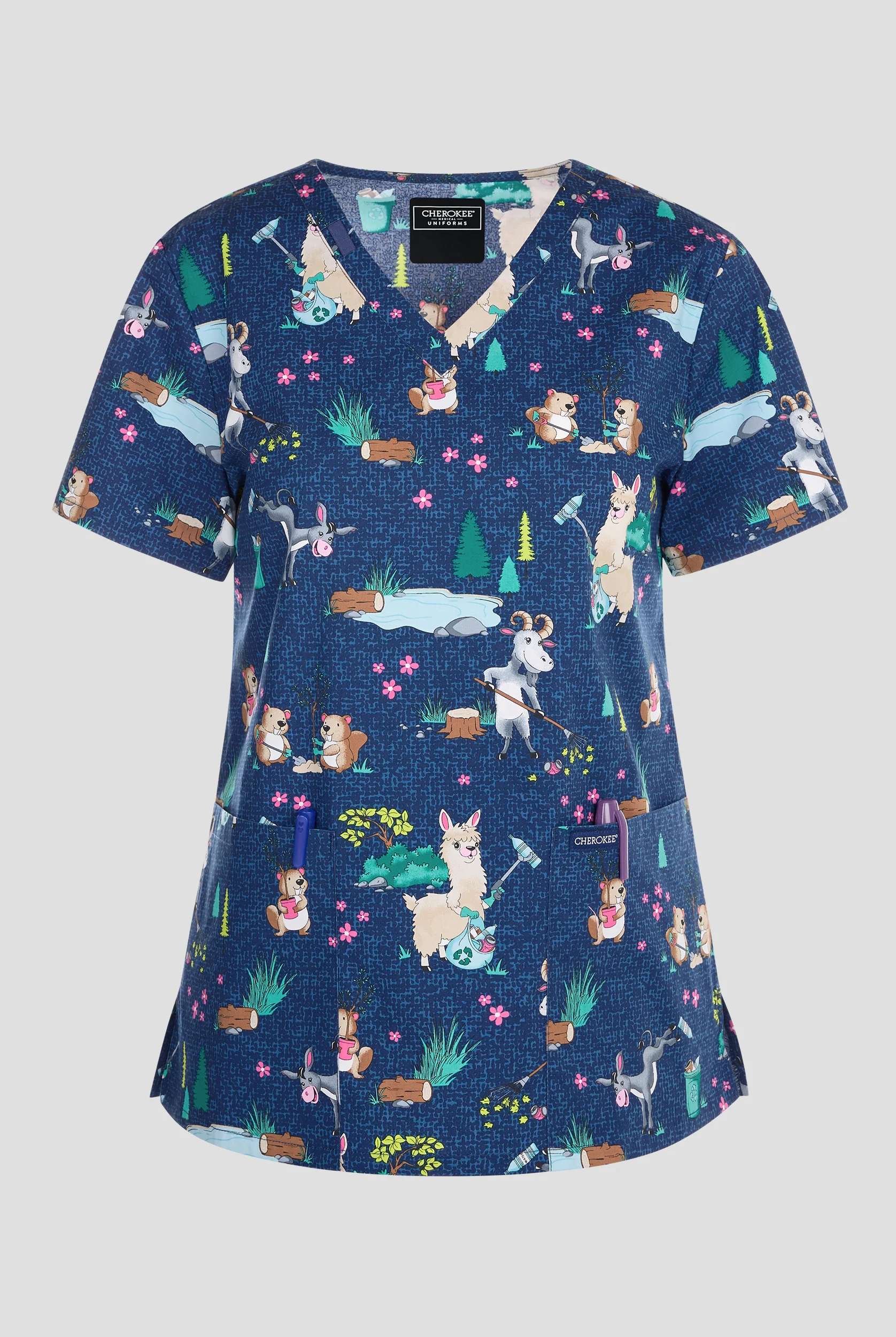 Cherokee Clean Up Crew Women's 2-Pocket STRETCH V-Neck Print Scrub Top