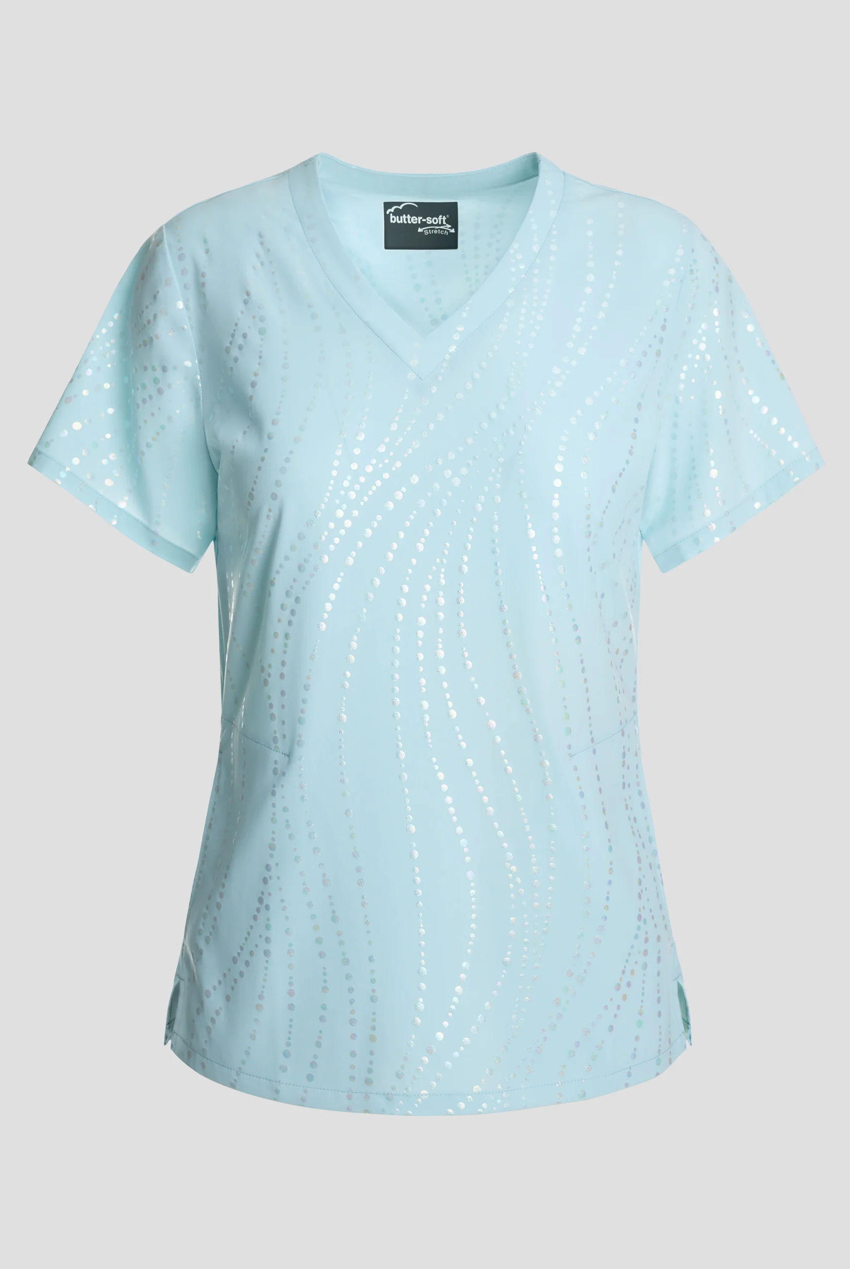 Blusa m&eacute;dica estampada Butter-Soft STRETCH Rhythmic Waves Salt Blue con cuello en V y 2 bolsillos para mujer