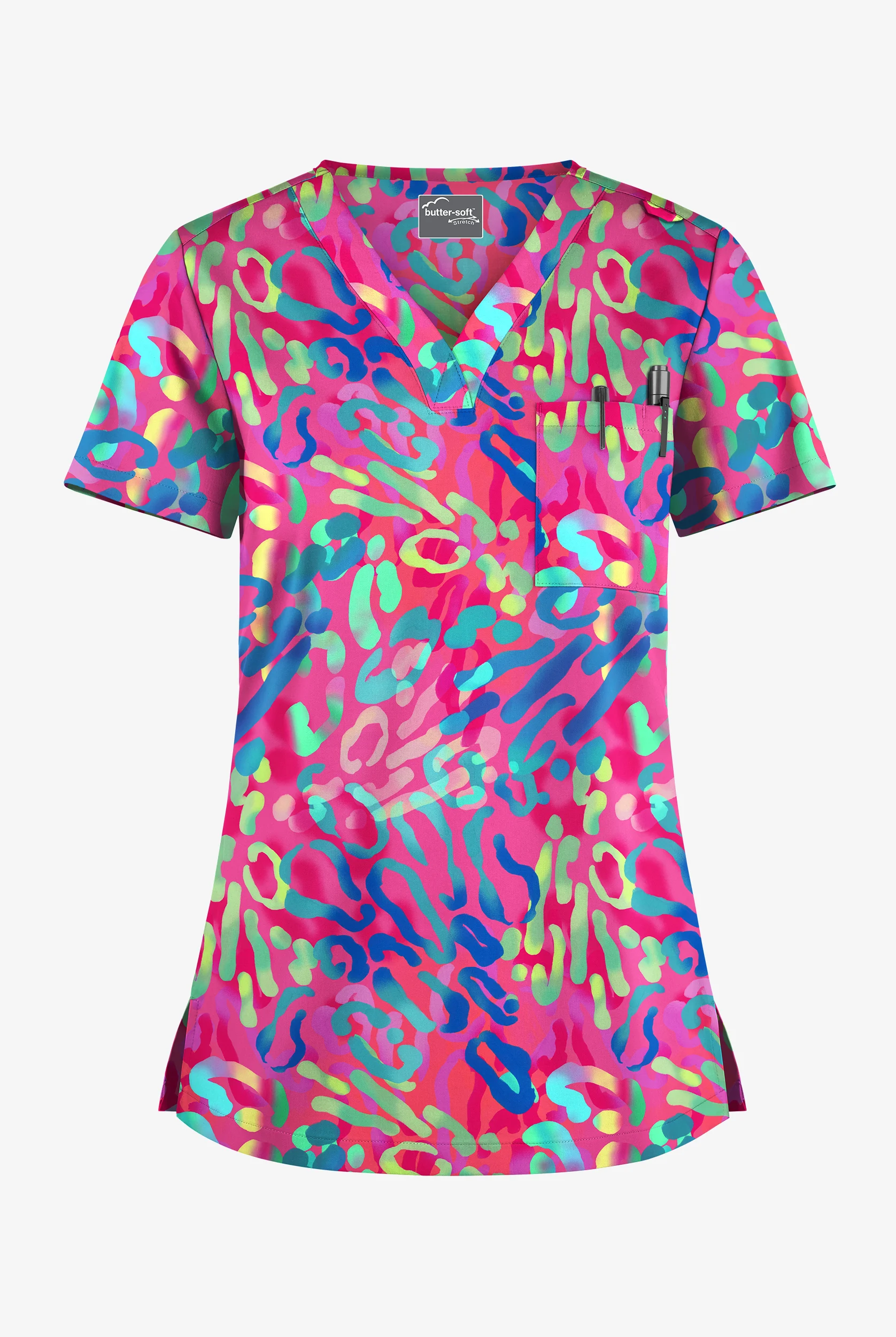 Blusa médica estampada UA Butter-Soft STRETCH Confetti Time Fuchsia con 1 bolsillo para mujer