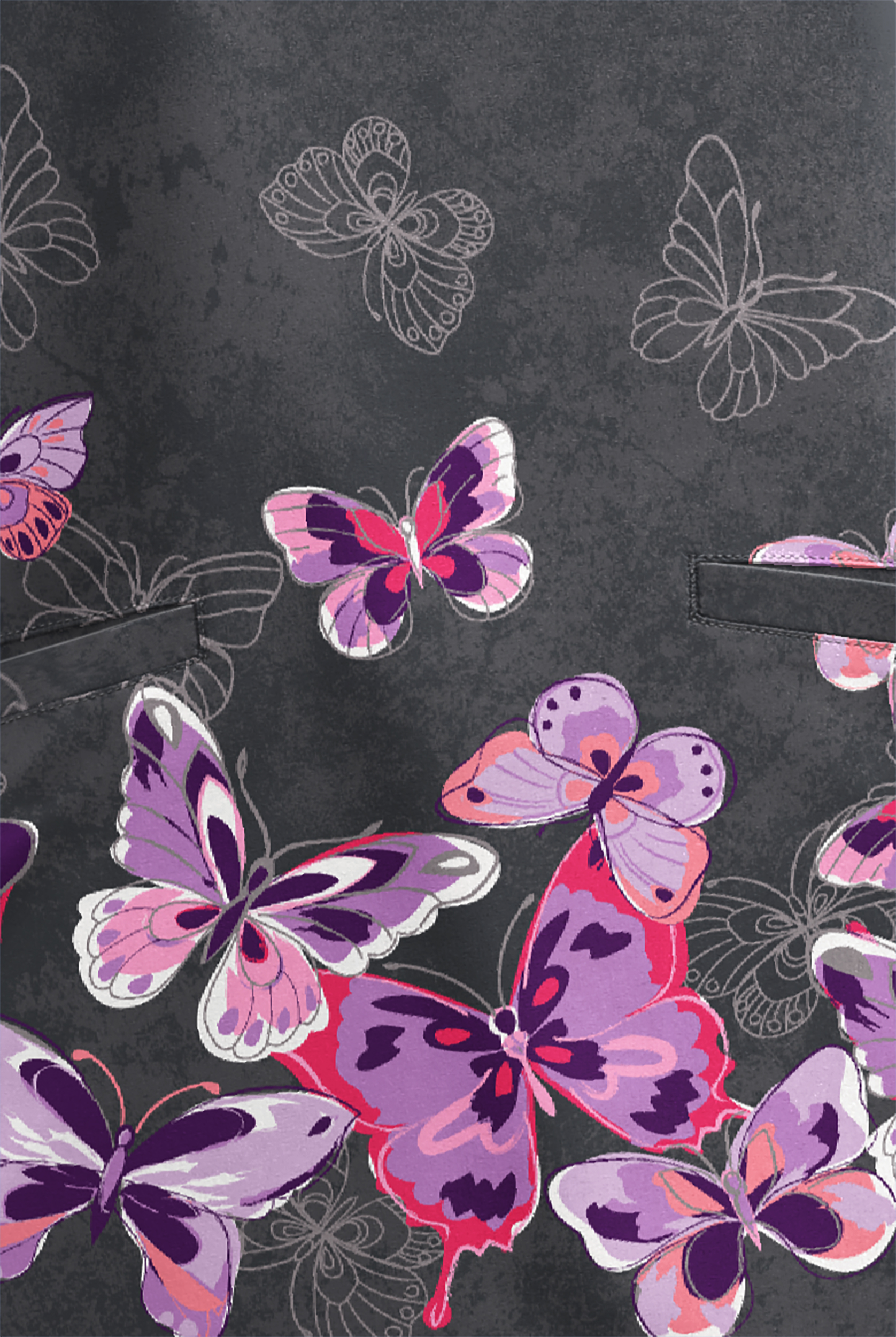 Butter-Soft STRETCH Butterfly Border Pewter Women's 2-Angled Welt Pocket V-Neck Print Scrub Top