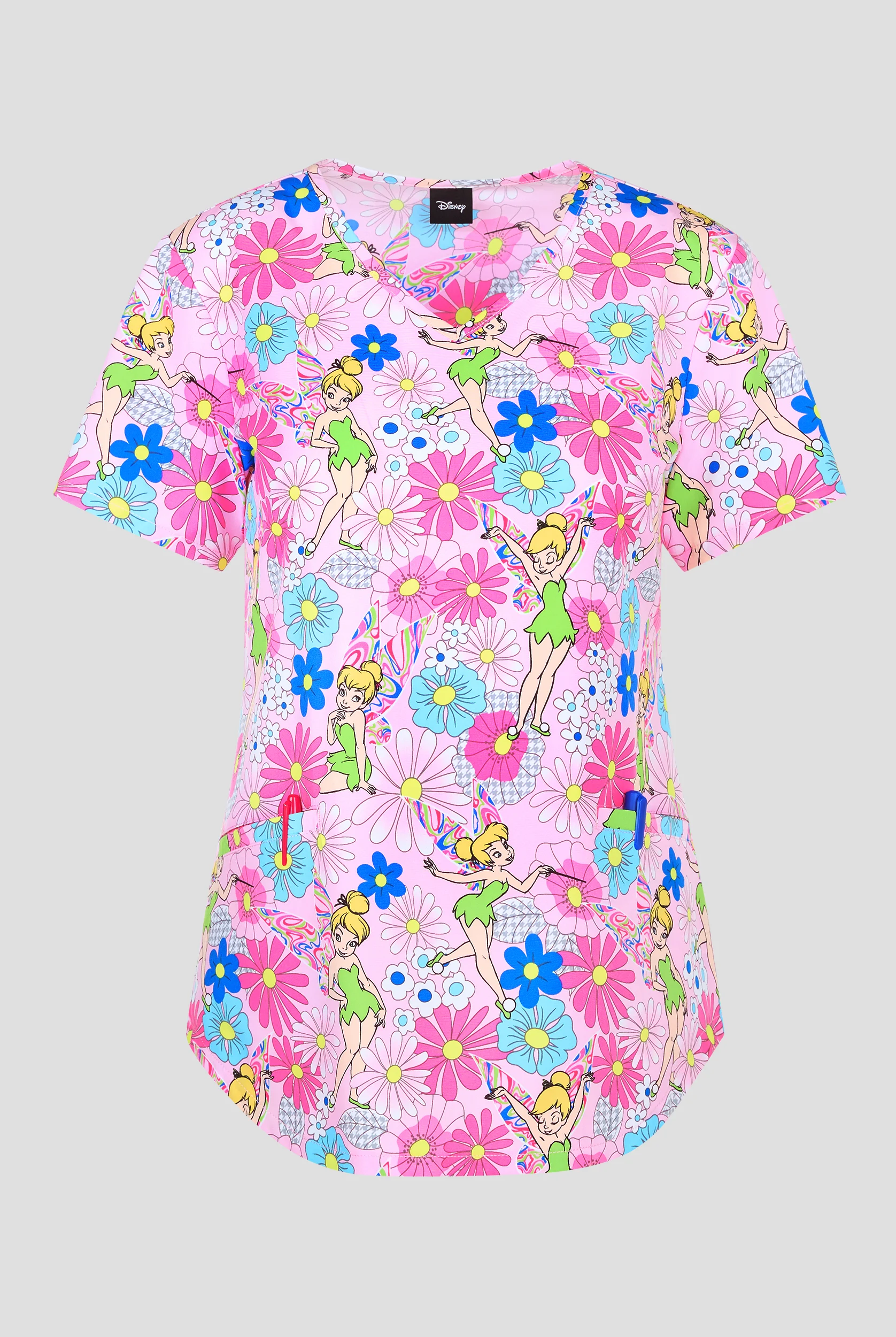 Tooniforms Disney's Tinkerbell Stay Feisty Women's 2-Pocket STRETCH V-Neck Print Scrub Top