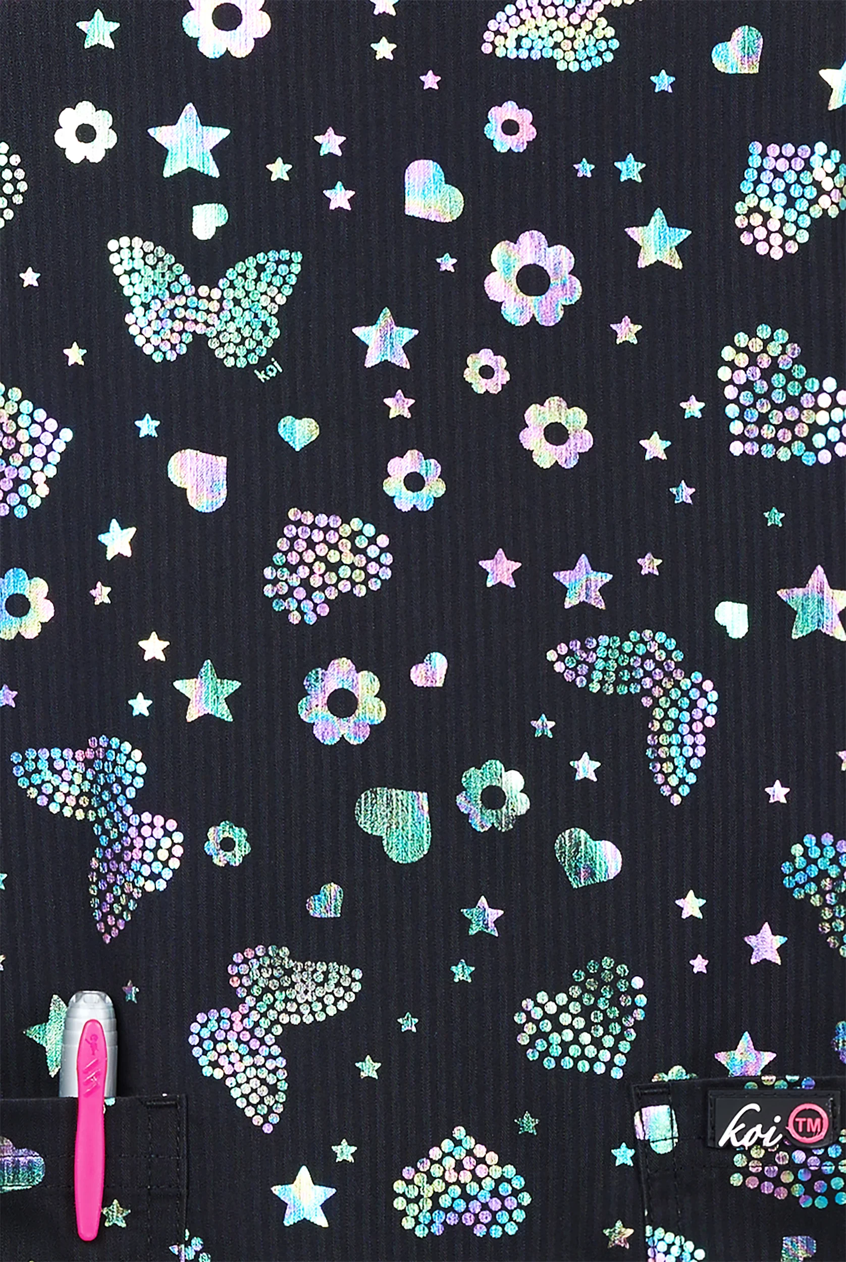 Blusa médica estampada koi Lite Iridescent Light Bright Black STRETCH con cuello en V y 2 bolsillos para mujer