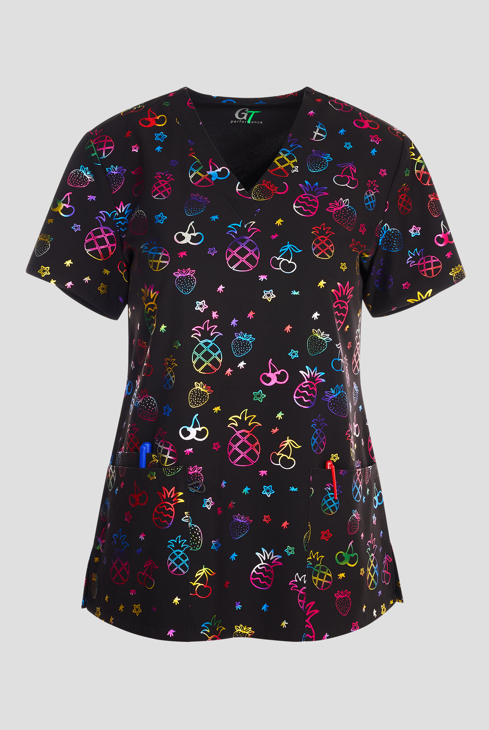 Green Town Foil Fruits Women's 3-Pocket STRETCH V-Neck Print Scrub Top