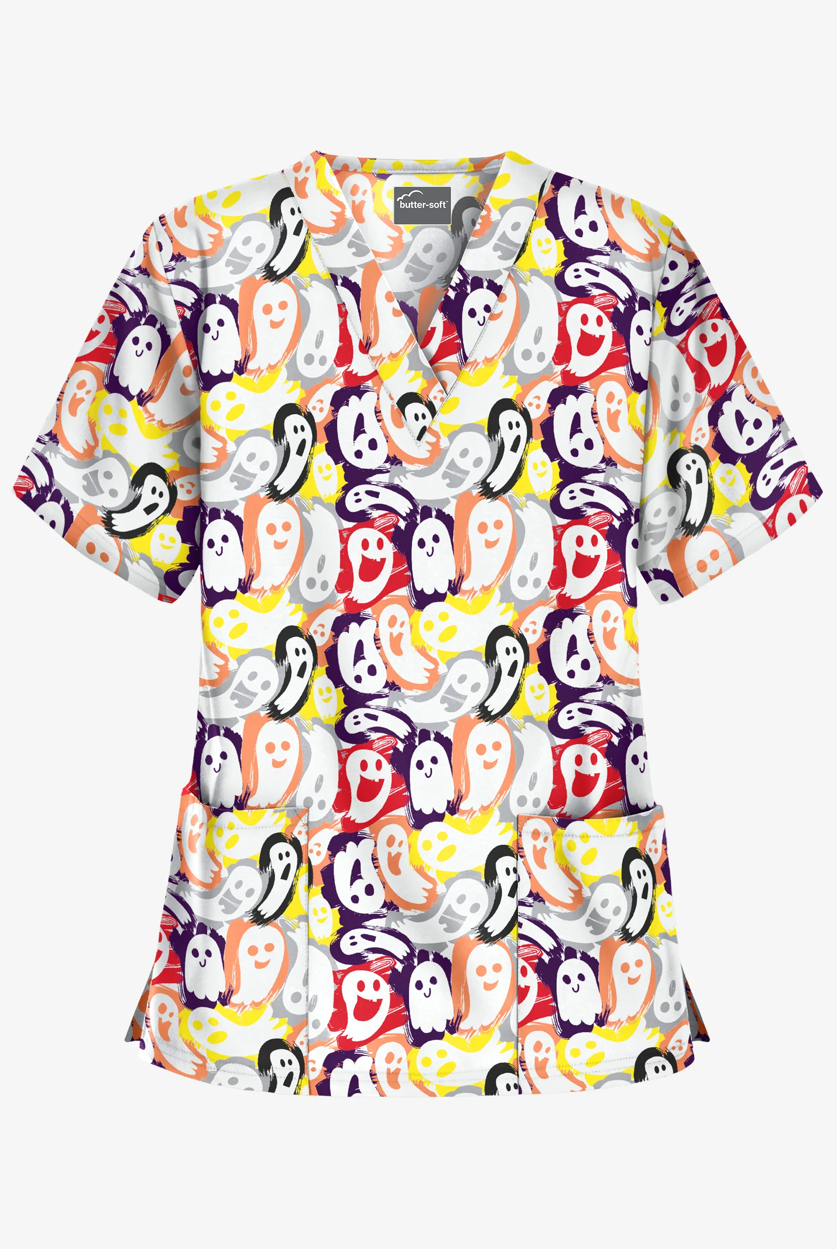 Butter-Soft Happy Halloween Ghosts Silver Women's 2-Pocket Relaxed Fit V-Neck Print Scrub Top