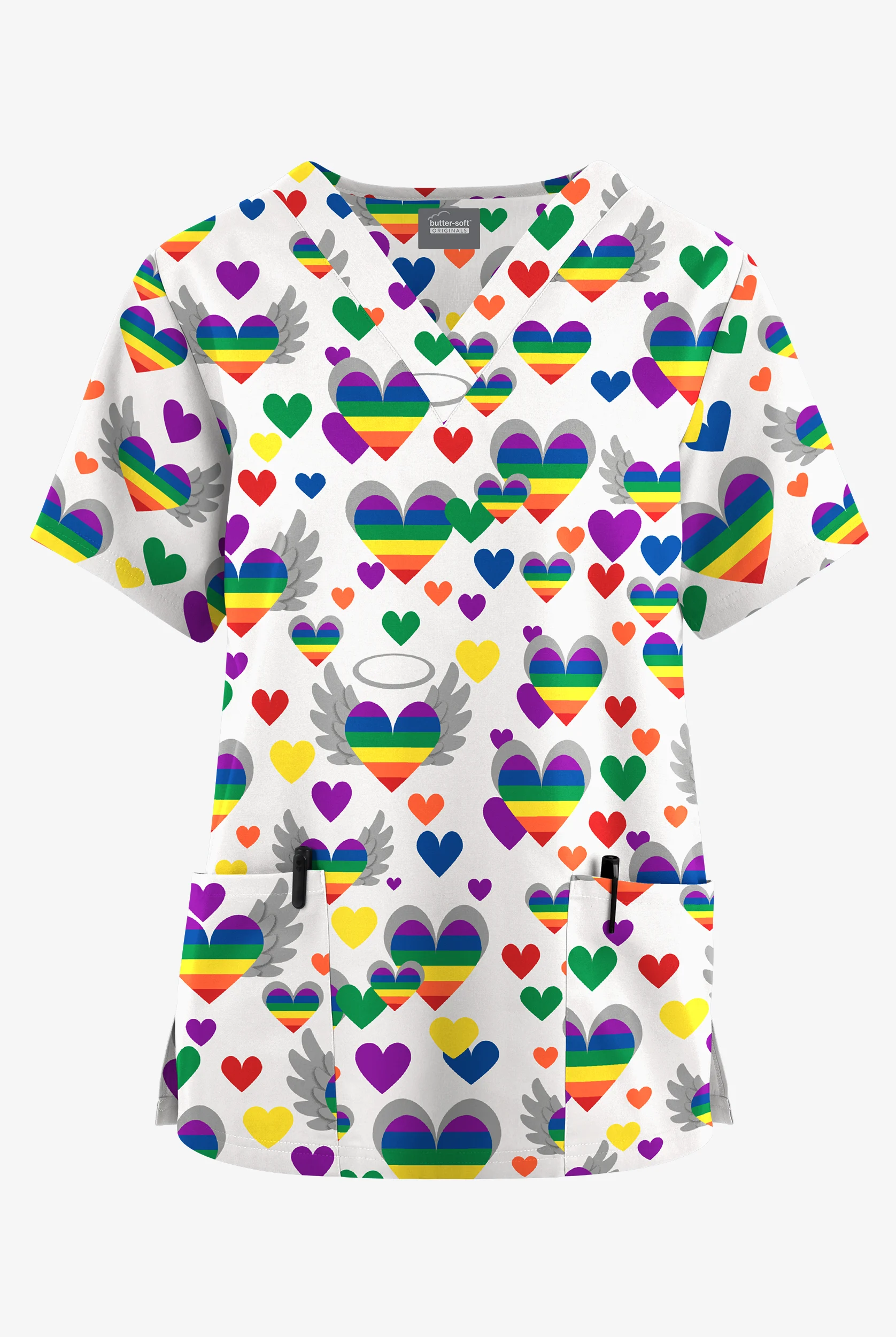 Butter-Soft Originals Free Hearts White Women's 2-Pocket V-Neck Print Scrub Top