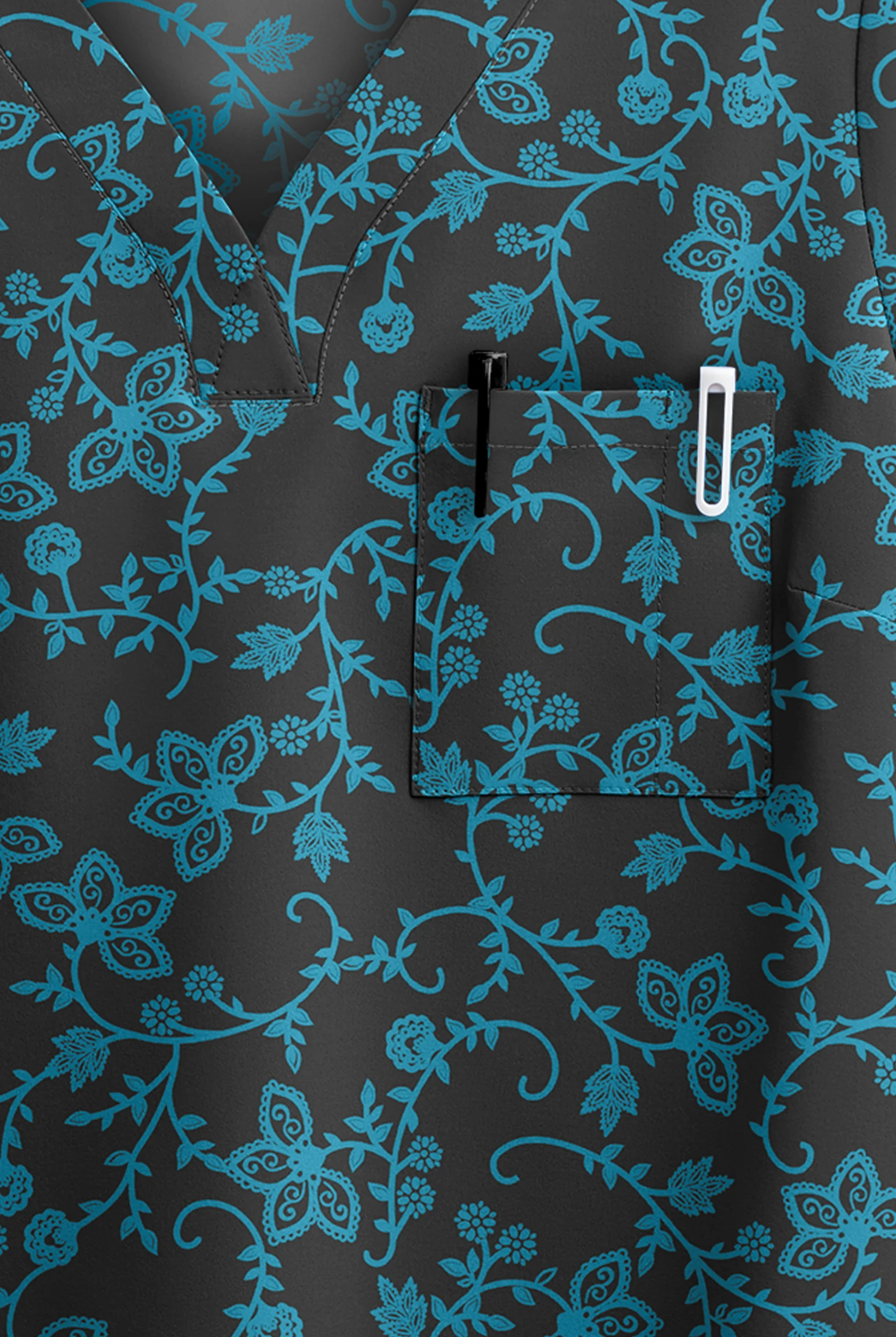 Butter-Soft STRETCH Black Floral Vines Women's 1-Pocket Tuck-In V-Neck Print Scrub Top