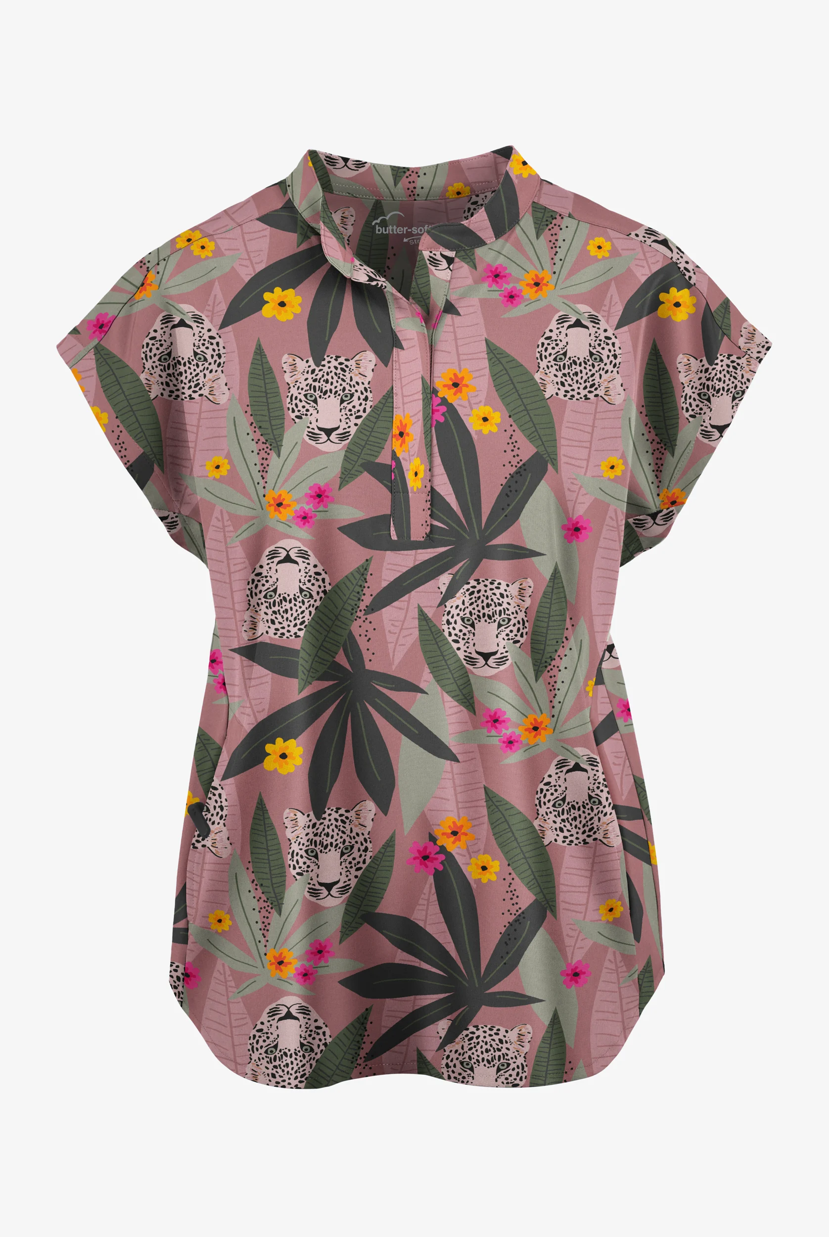 Butter-Soft STRETCH Exotic Jungle Women's 2-Pocket Oversized Dolman Sleeve Print Scrub Top