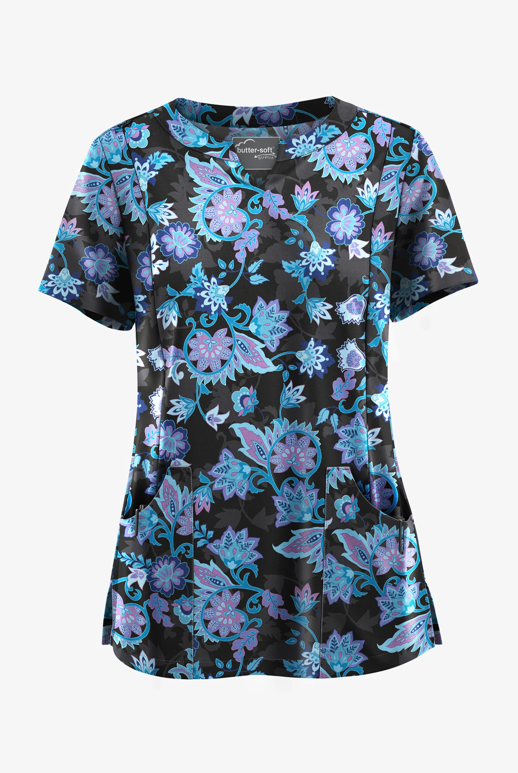 Butter-Soft STRETCH Jacobean Spring Women’s 4-Pocket Notch-Neck Print Scrub Top