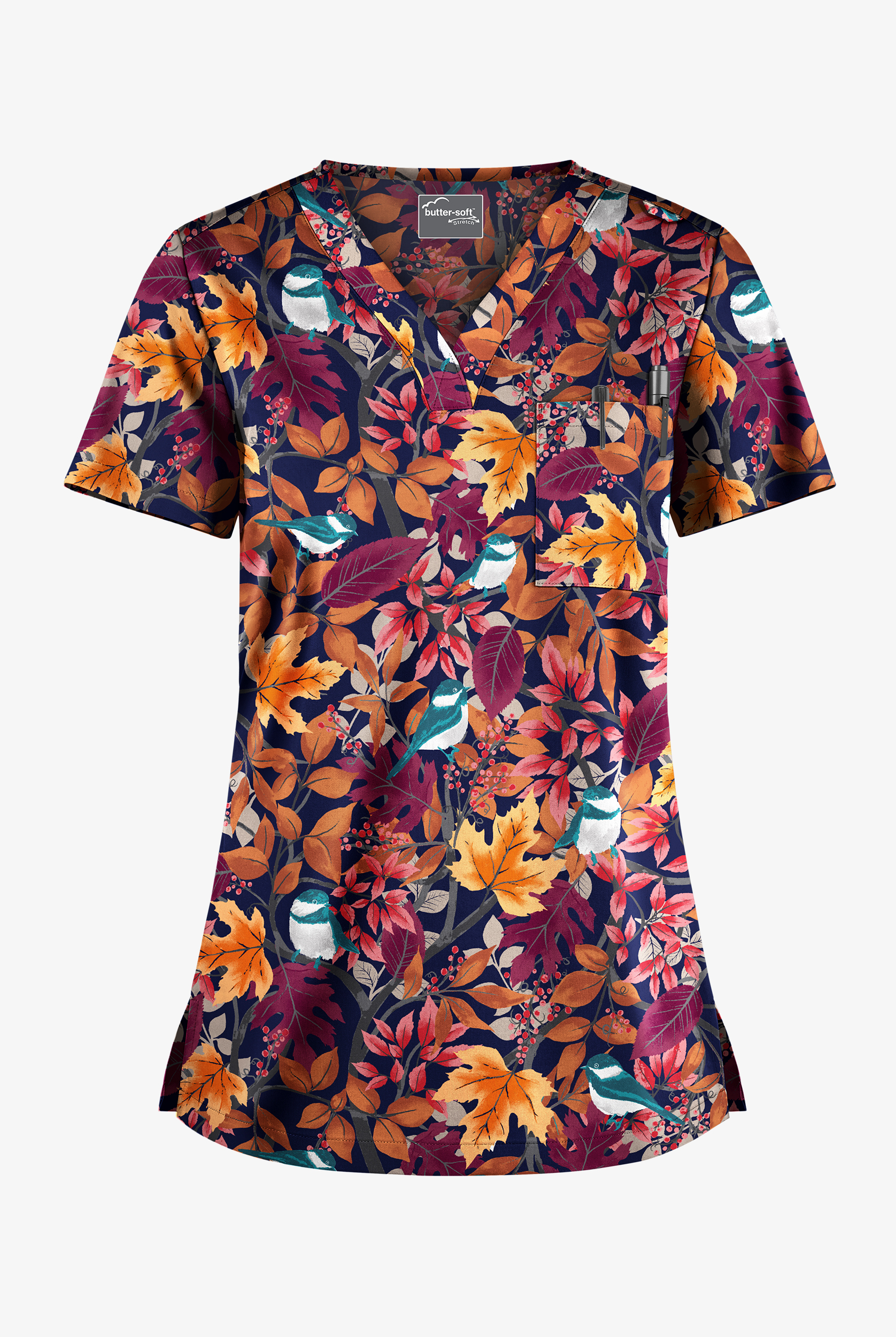 Butter-Soft STRETCH Hidden Garden Navy Women's 1-Pocket Tuck-In V-Neck Print Scrub Top