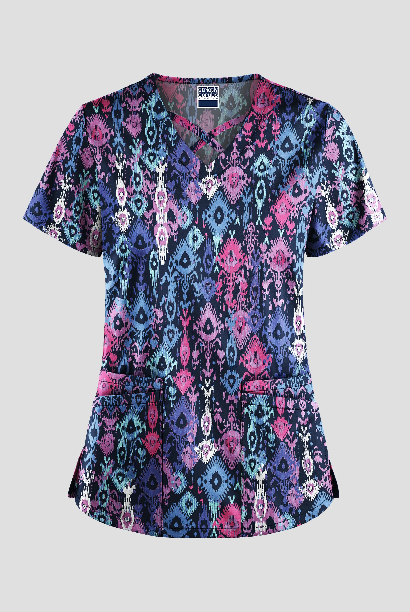 Blusa médica estampada Strictly Scrubs STRETCH Cascading Ikat Rosebud con cuello entrecruzado y 4 bolsillos para mujer