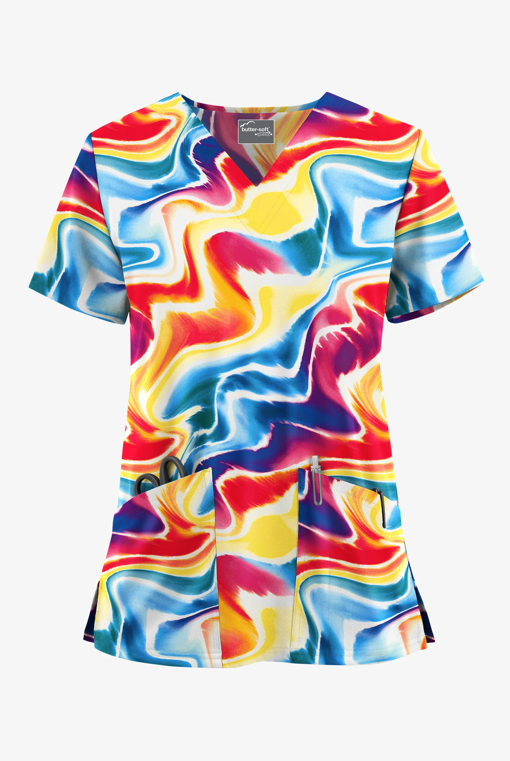 Butter-Soft STRETCH Pride Lights White Women's 2-Pocket V-Neck Print Scrub Top