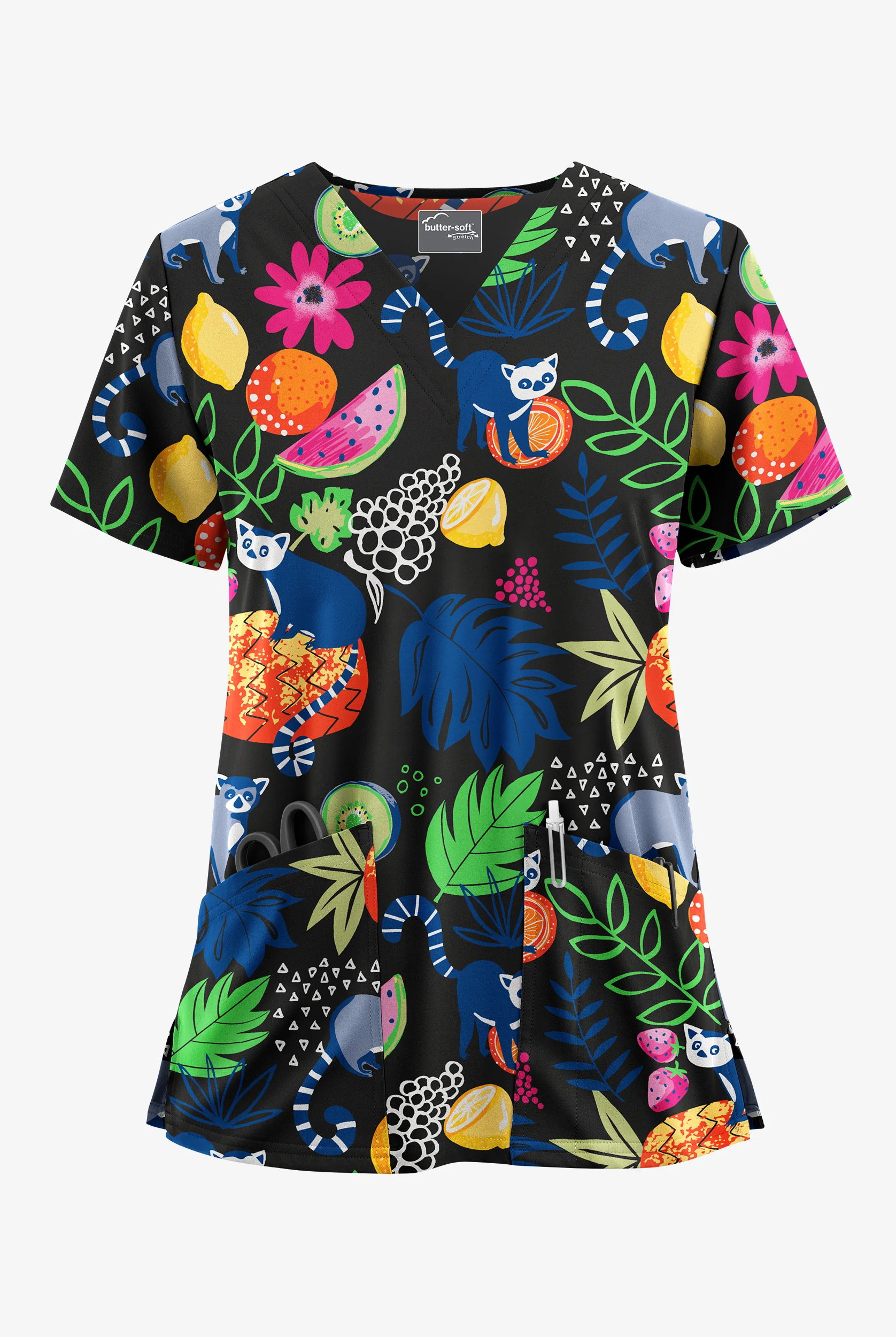 Butter-Soft STRETCH Lemur Land Women's V-Neck 2 Pocket Print Scrub Top