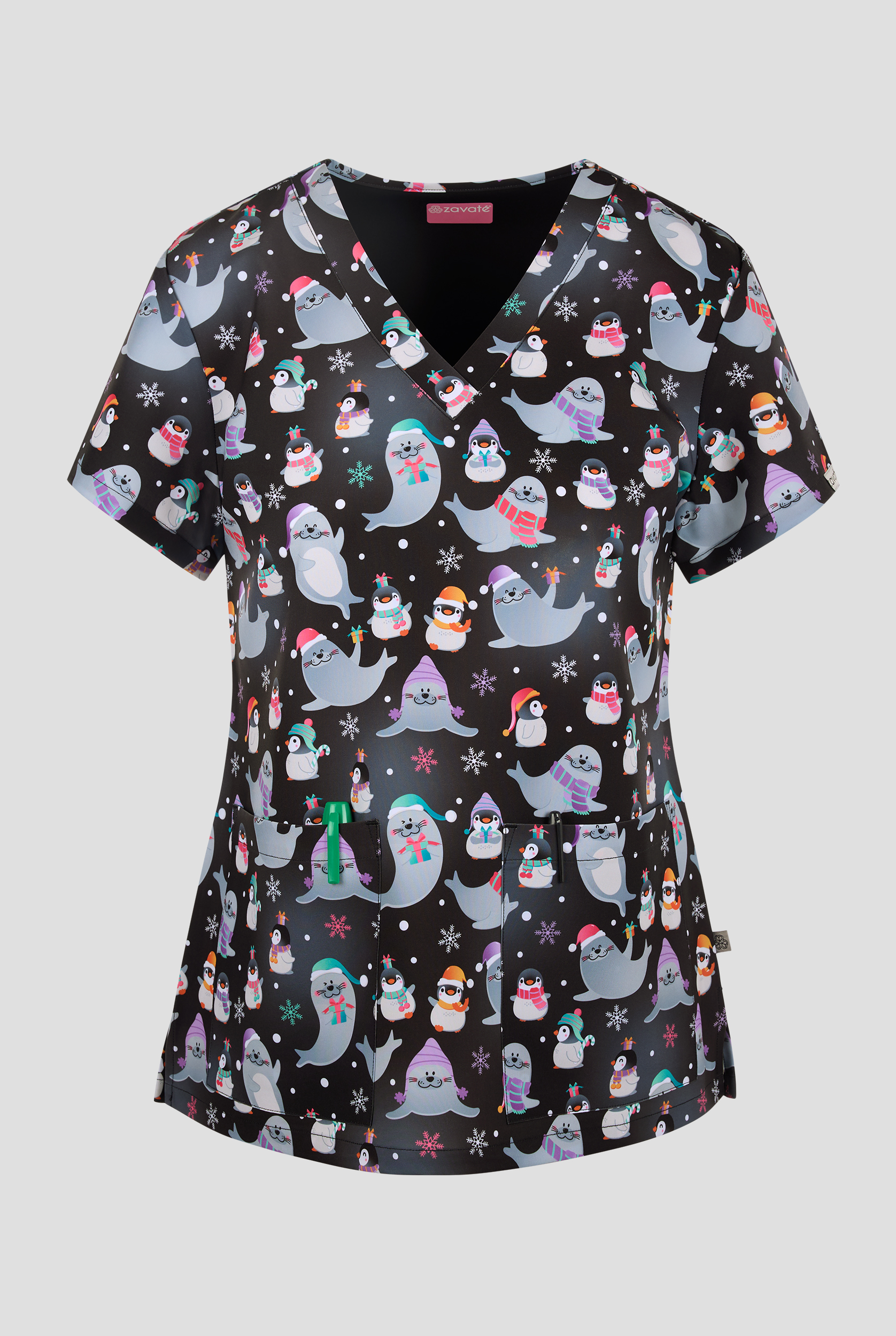 Blusa médica estampada Zavate Ava Therese Arctic Friends STRETCH con cuello en V y 2 bolsillos para mujer