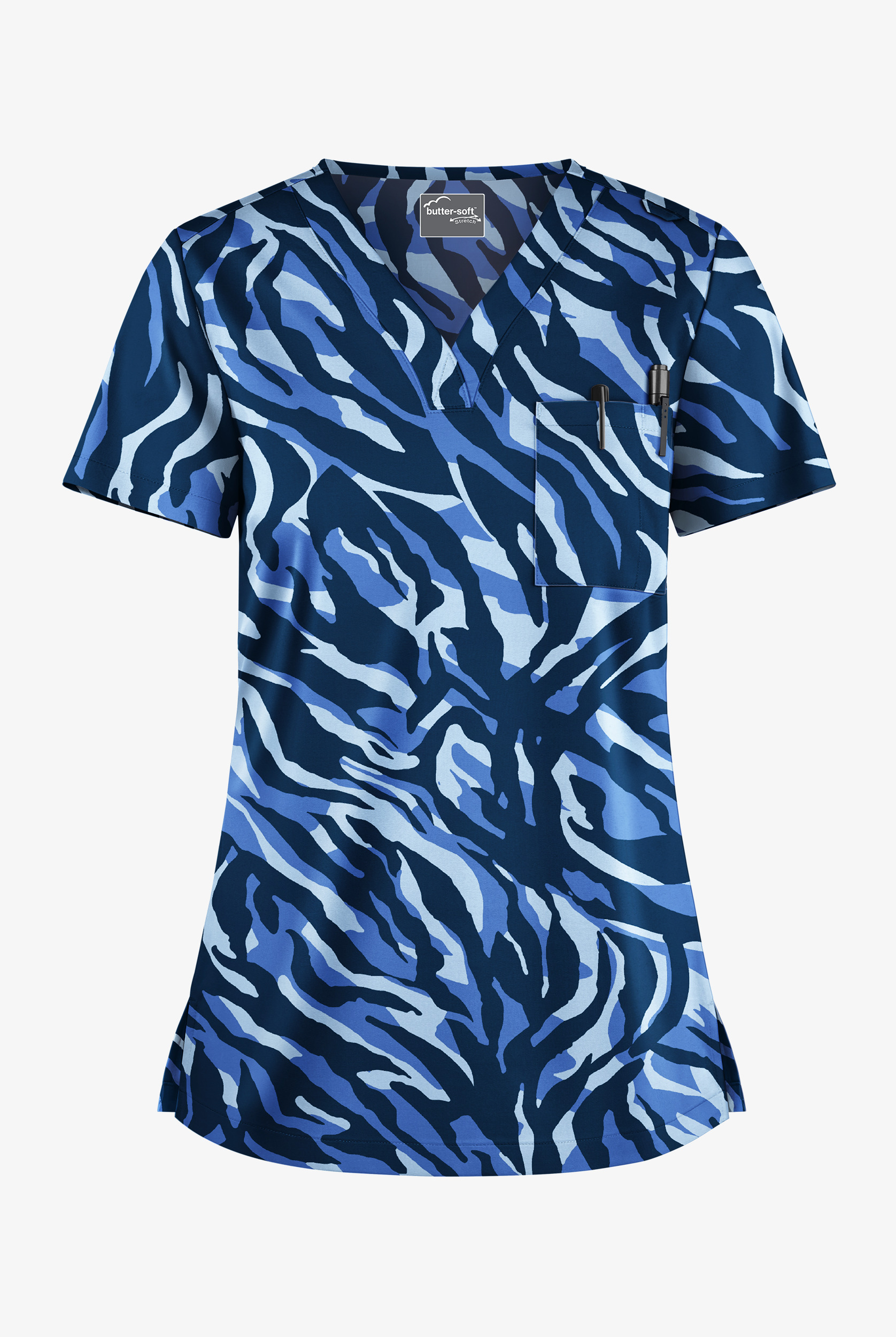 Blusa médica estampada Butter-Soft STRETCH Zebra Camo Navy con cuello en V y 1 bolsillo para mujer