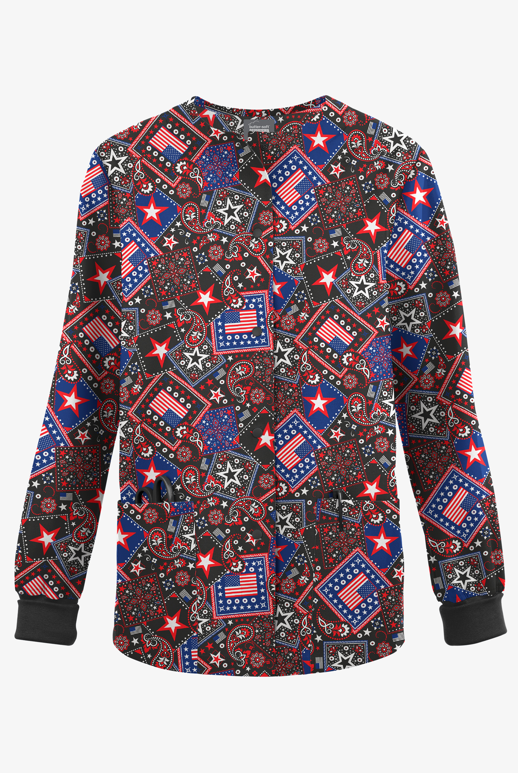 Butter-Soft Originals Americana Women's 3-Pocket Snap Front Print Scrub Jacket