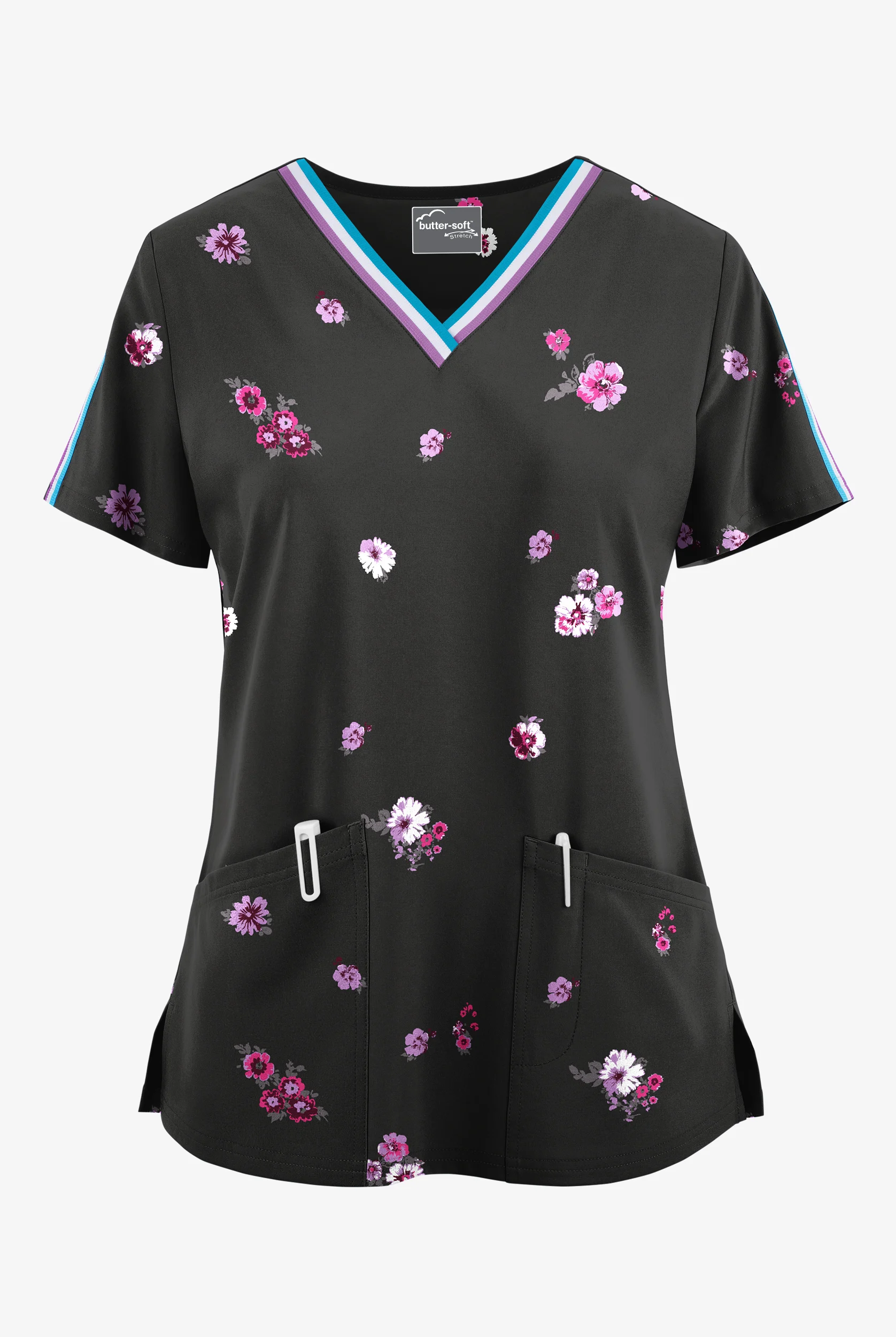 Butter-Soft STRETCH Fall Blossom Women's 3-Pocket V-Neck Print Scrub Top