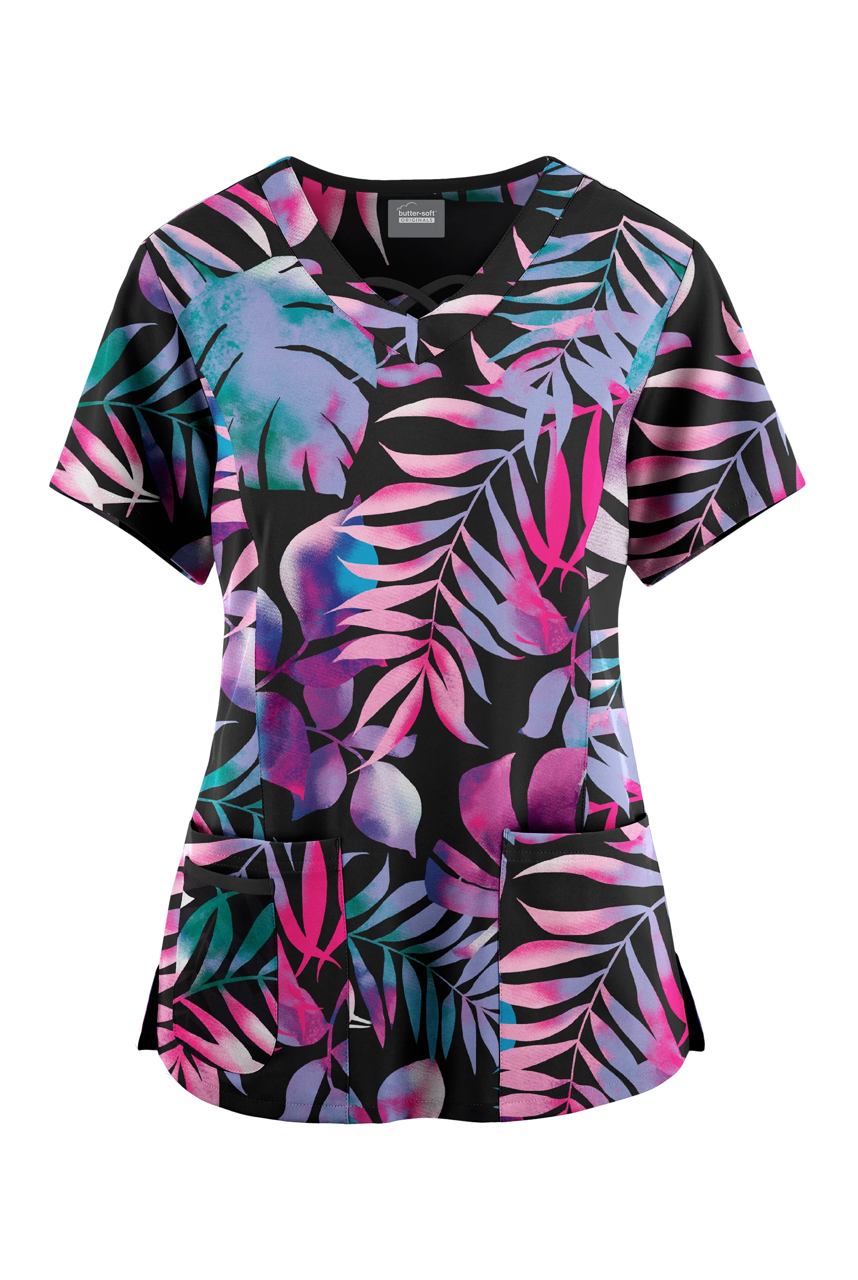 Butter-Soft Originals Aloha Breeze Women's 3-Pocket Criss Cross Print Scrub Top