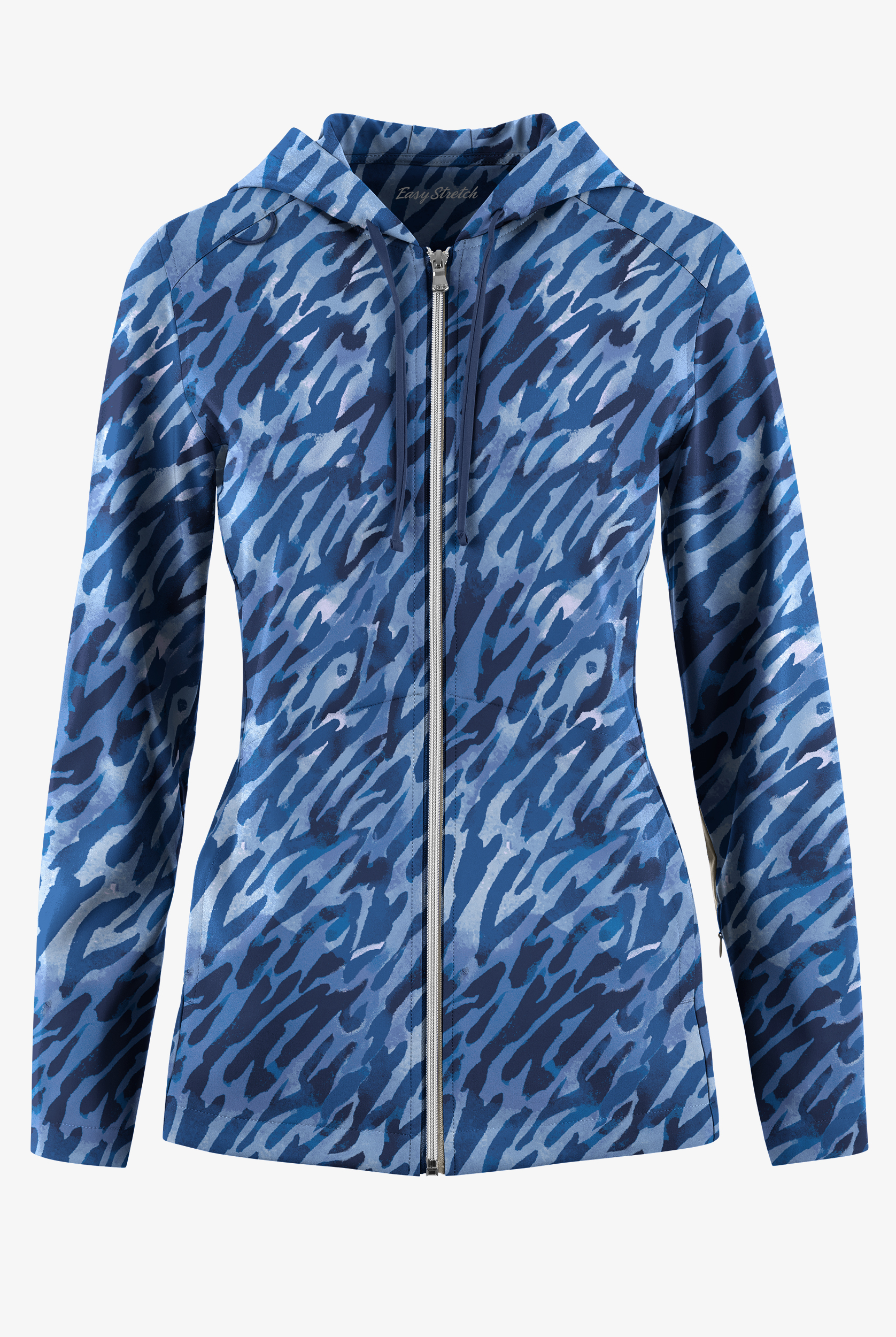 Sudadera médica estampada con capucha Easy Stretch Abstract Animal Navy con cremallera y 5 bolsillos para mujer