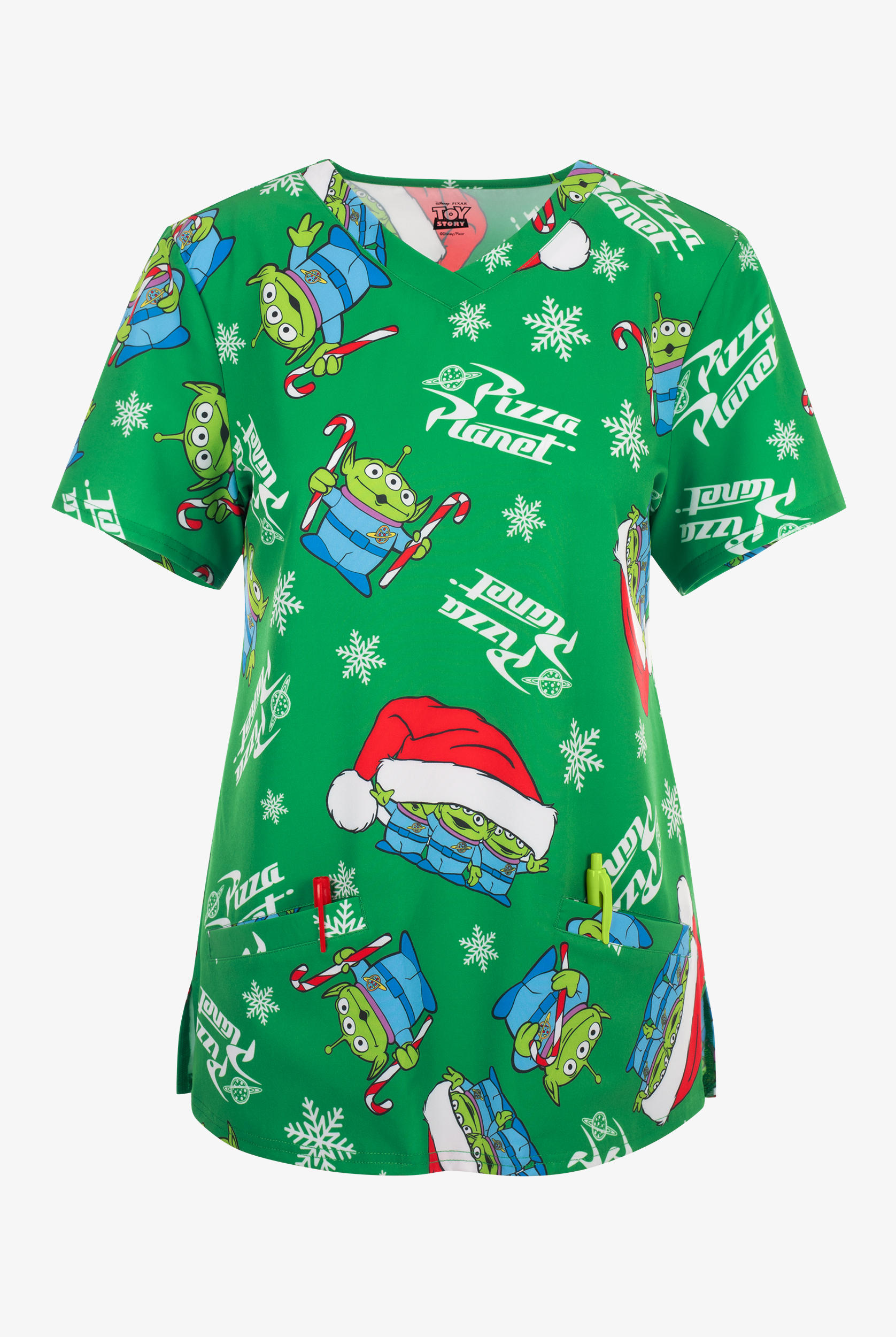 Disney's Toy Story Christmas by Funscrubs Women's 2-Pocket STRETCH V-Neck Print Scrub Top